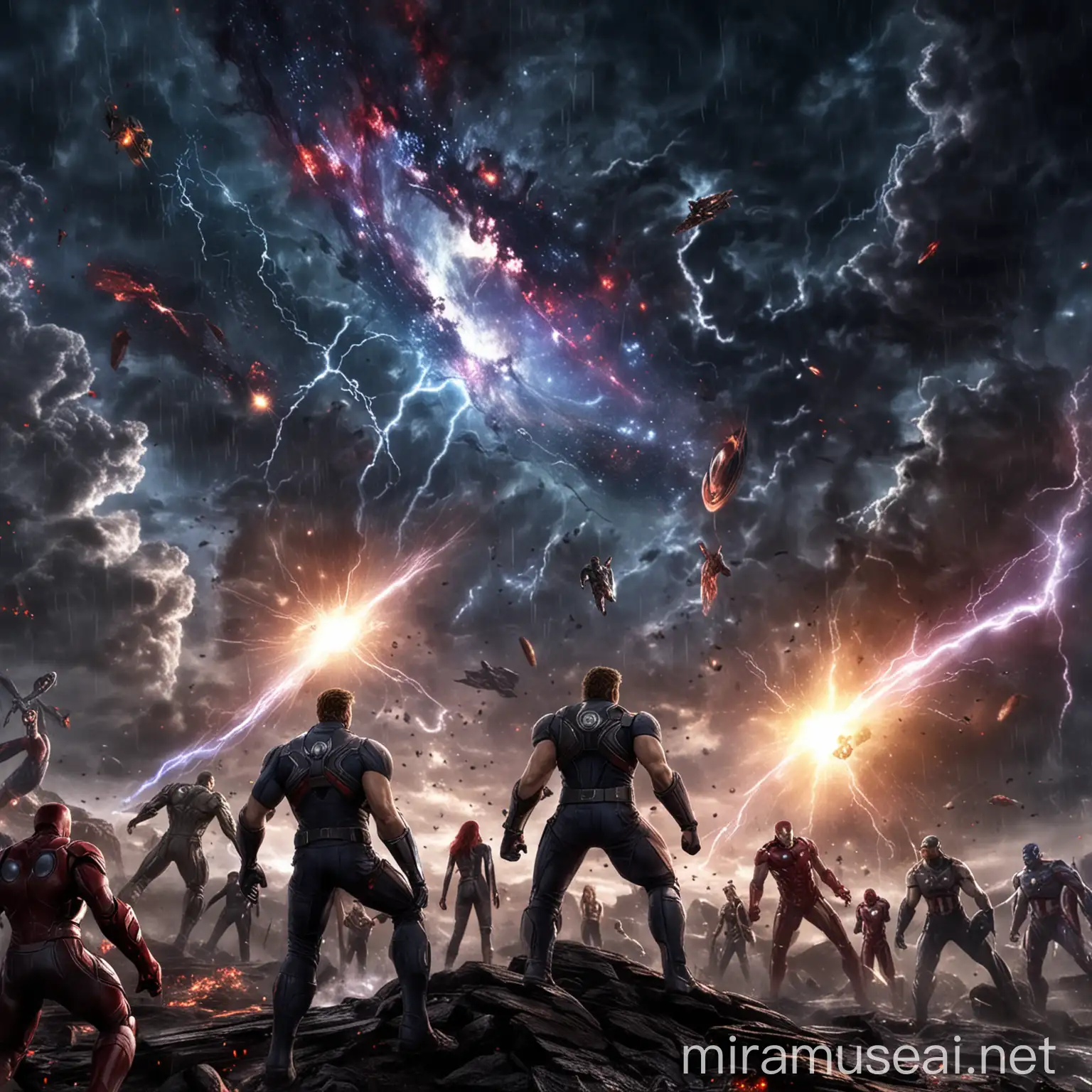 Epic Battle of The Avengers Amidst a Cosmic Storm