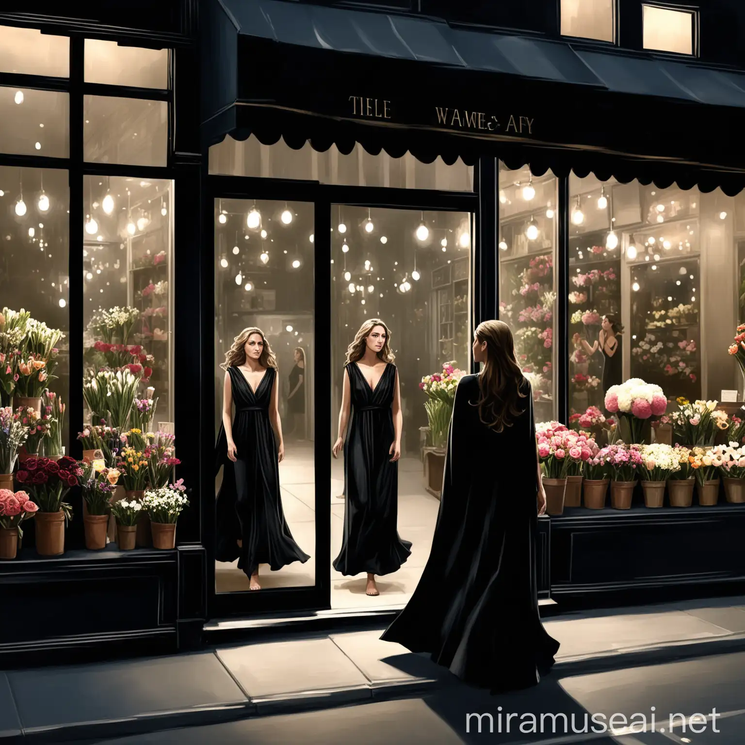A new york sidewalk at nighttime. it is dark.
there is a flowershop.
the only light comes from a single streetlight. 
a woman running towards me.
the woman is wearing a full length gloss black dress. 
the dress is in the style of a Grecian tunic.
The woman is wearing black cape. 
the woman is looking at her reflection in the flowershop window. the woman has an admiring expression on her face.