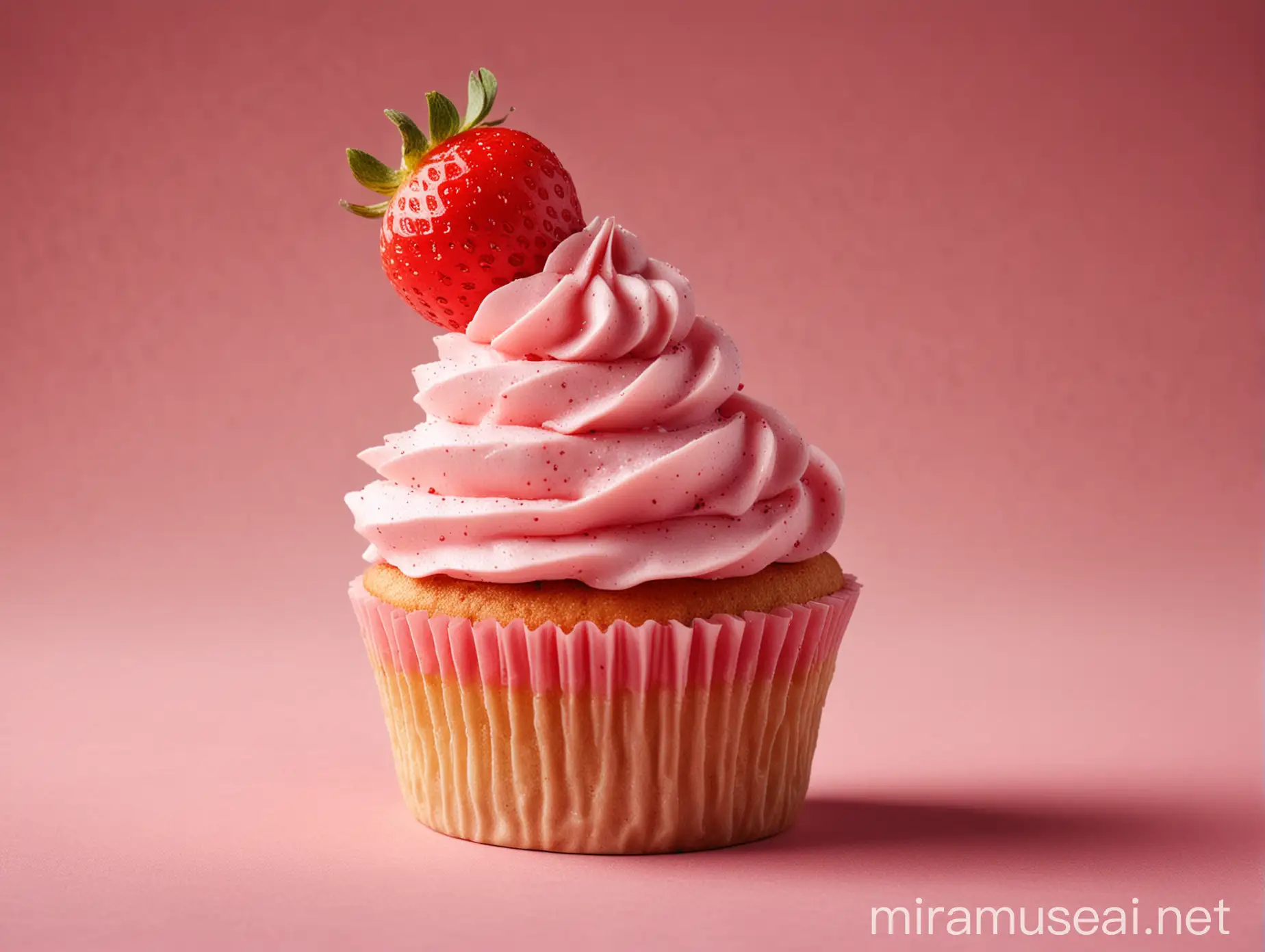 The Image Shows side view of one Strawberry cupcake. The cupcake is set against an isolated background. It is the perfect cupcake with a symmetrical, geometric and beautiful shape.