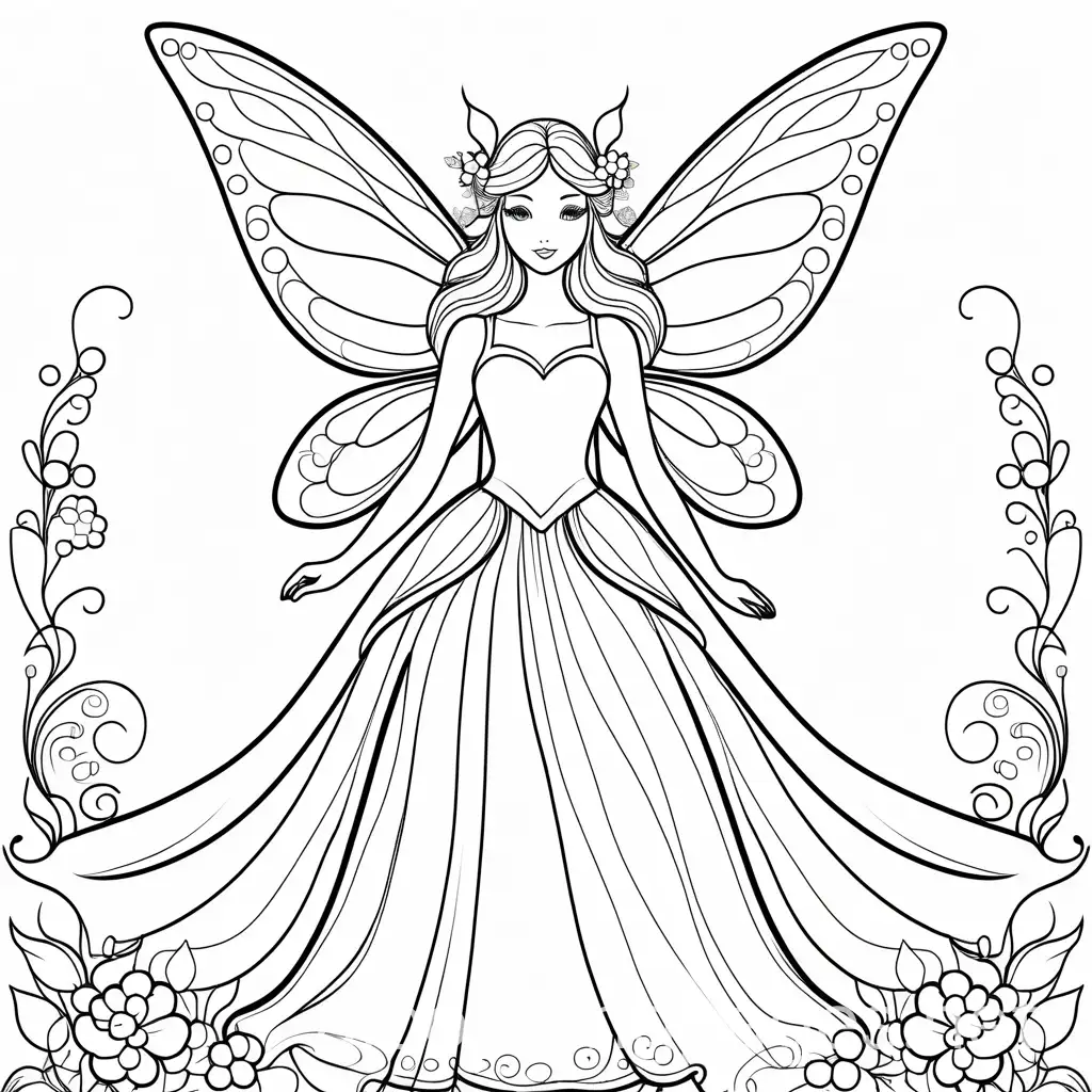 cartoon fairy, Coloring Page, black and white, line art, white background, Simplicity, Ample White Space. The background of the coloring page is plain white to make it easy for young children to color within the lines. The outlines of all the subjects are easy to distinguish, making it simple for kids to color without too much difficulty