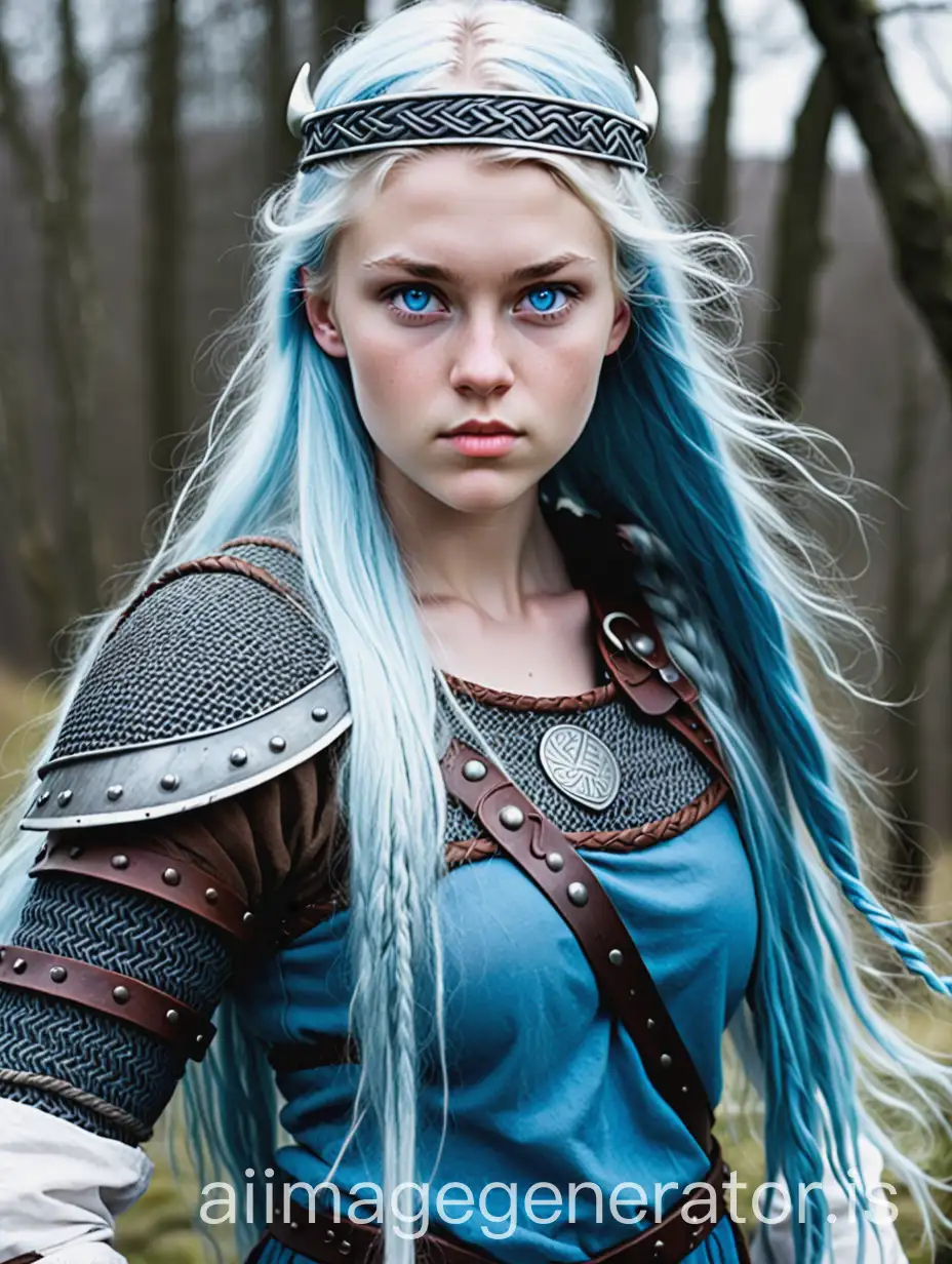 Viking Alicia Agneson. 19-years-old. Ligh blue long hair. Blue eyes. 170 cm tall height. Breasts medium size. Dressing viking shieldmaiden clothing.