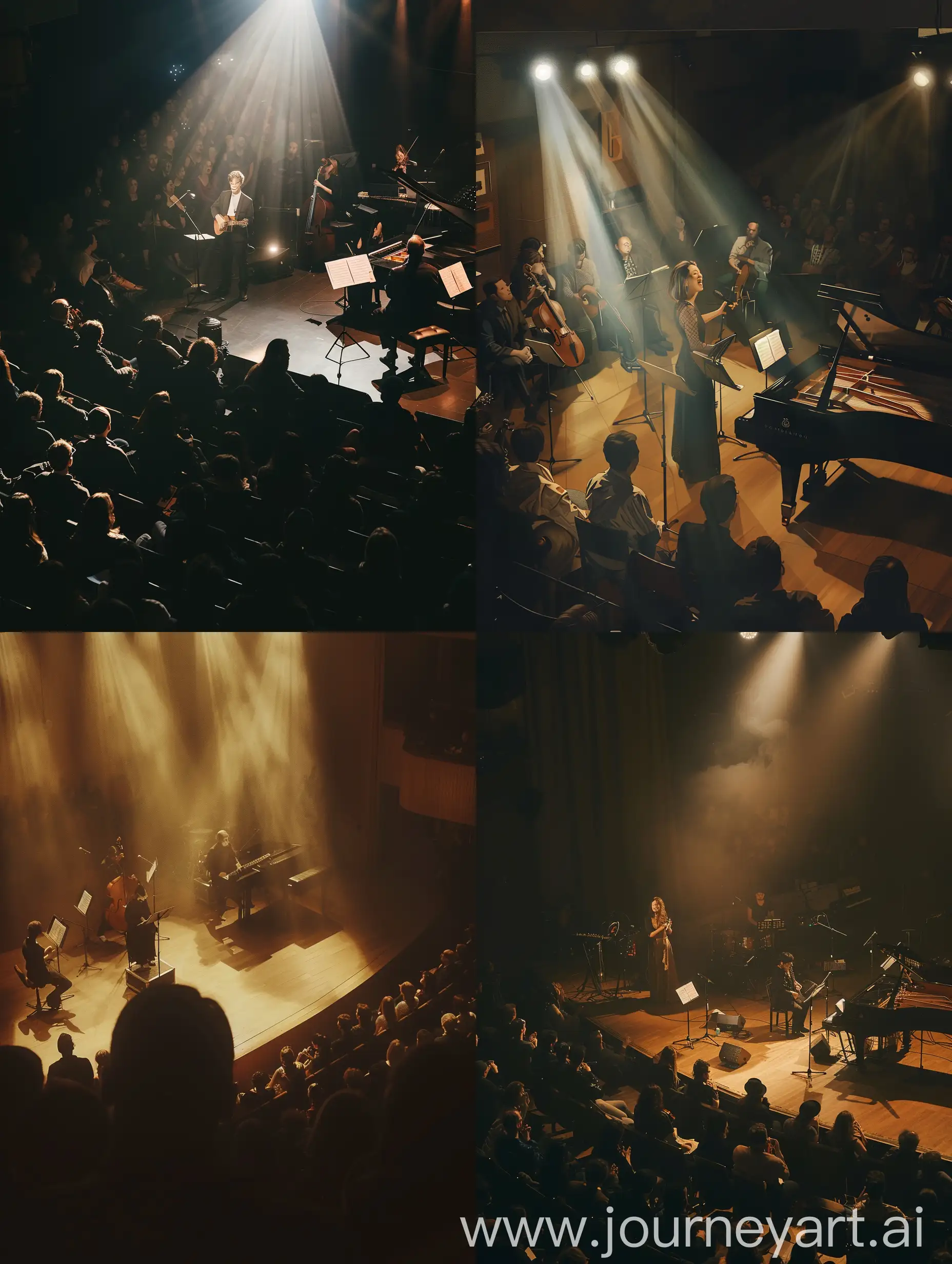 The image shows a softly lit stage with a small group of musicians and a singer at the front. The audience is viewed from a high angle, providing a privileged perspective of the concert. The stage lighting creates a concert atmosphere, albeit more intimate than a large orchestra