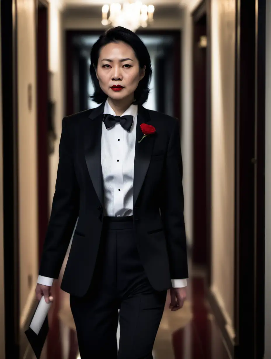 It is night. A stern 40 year old Chinese woman with shoulder length hair and red lipstick is walking down a dark hallway in a mansion.  She is facing forward. She is wearing a tuxedo with a black jacket with a corsage and a white shirt and a black bowtie and black cufflinks and black pants. She is relaxed. Her jacket is open.  