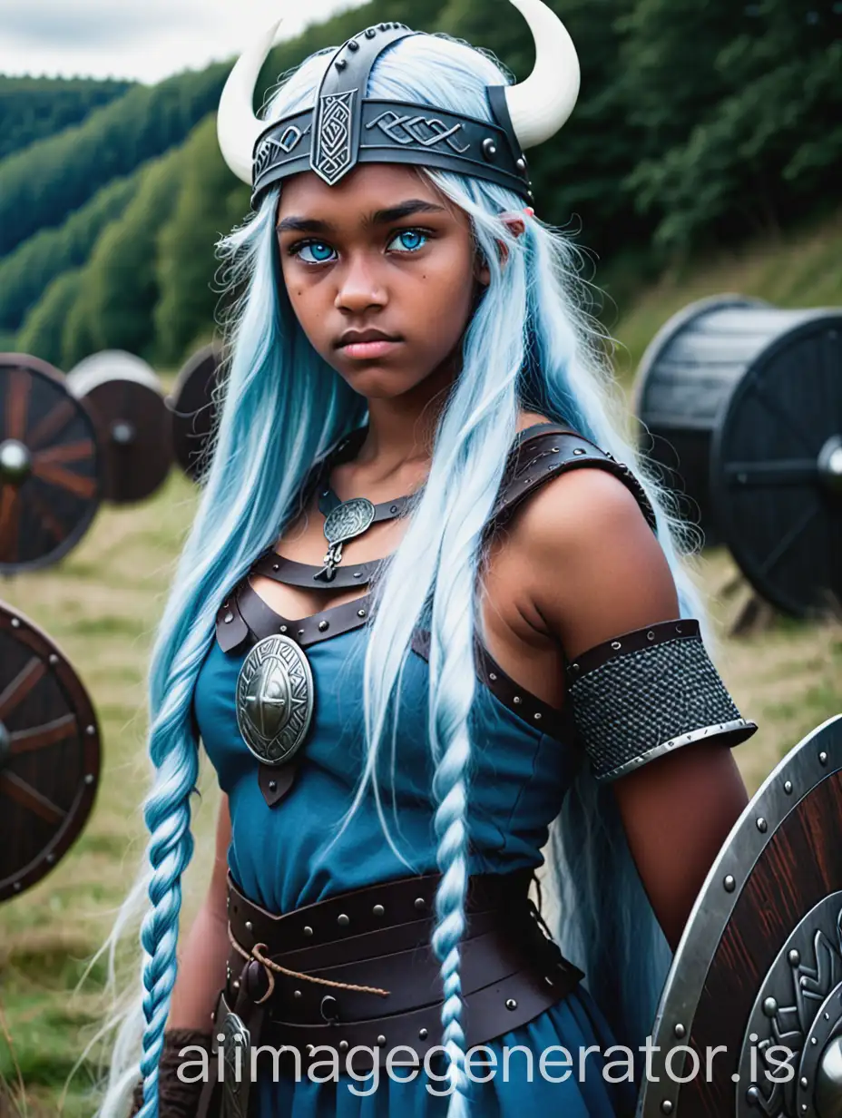 Viking black girl. 16-years-old. Long light blue hair. Dark blue eyes. 170 cm tall height. Breasts medium size. Dressing viking shieldmaiden clothing and hat.