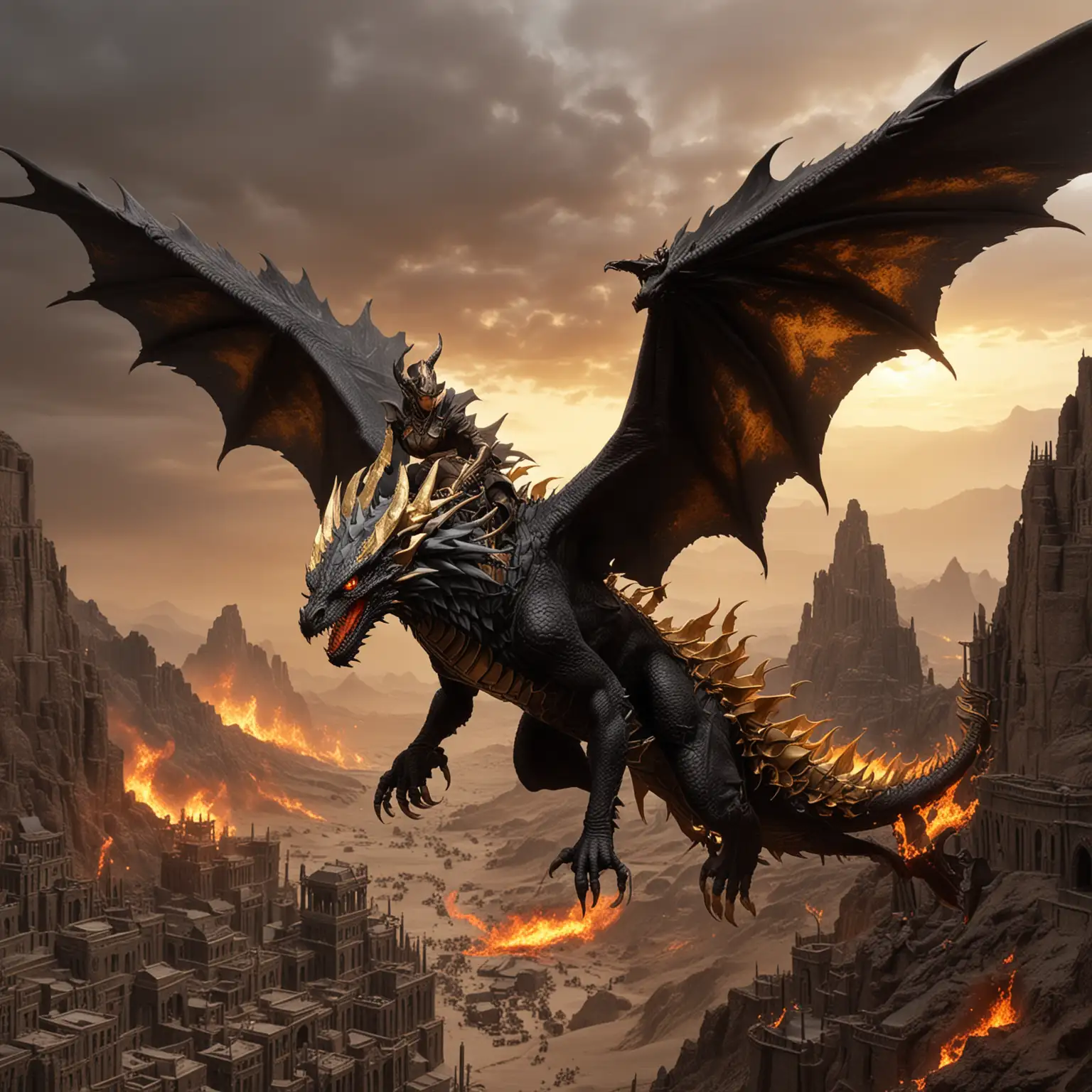 Fantasy black wyvern, winged arms, black scales and neck frills, gold horns, dragon rider saddle, desert prison golden eyes. gold flames