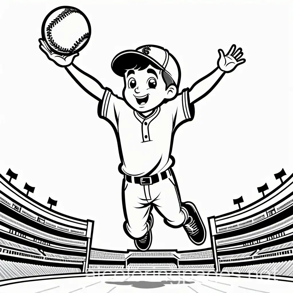 baseball boy jumping in air trying to catch a baseball, Coloring Page, black and white, line art, white background, Simplicity, Ample White Space. The background of the coloring page is plain white to make it easy for young children to color within the lines. The outlines of all the subjects are easy to distinguish, making it simple for kids to color without too much difficulty