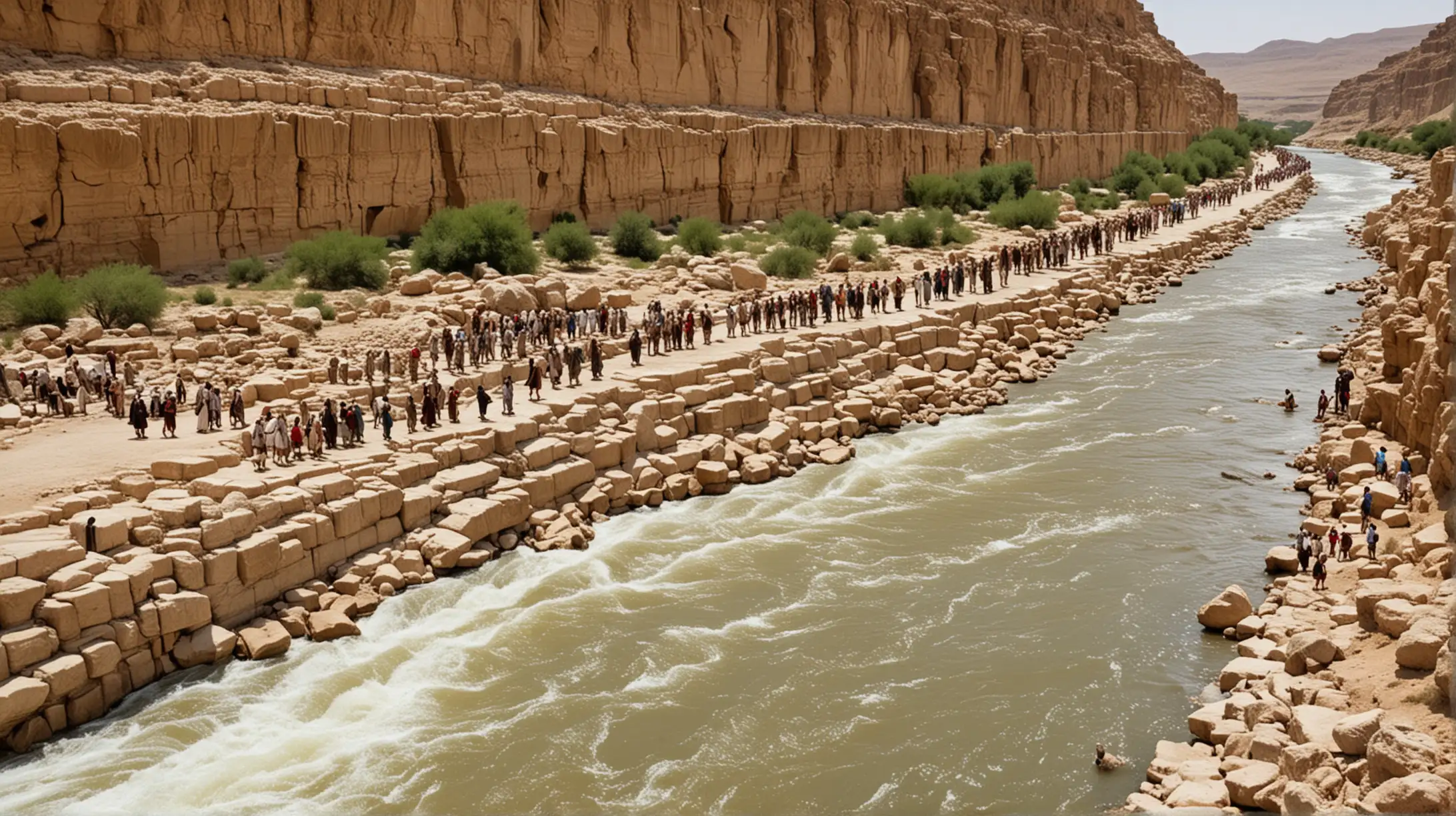 A group of people being led by the Biblical Joshua crossing the River Jordan, where the water is standing up like a wall on the left, and a wall on the right.  Set during the Biblical era of Moses, in the Middle East.