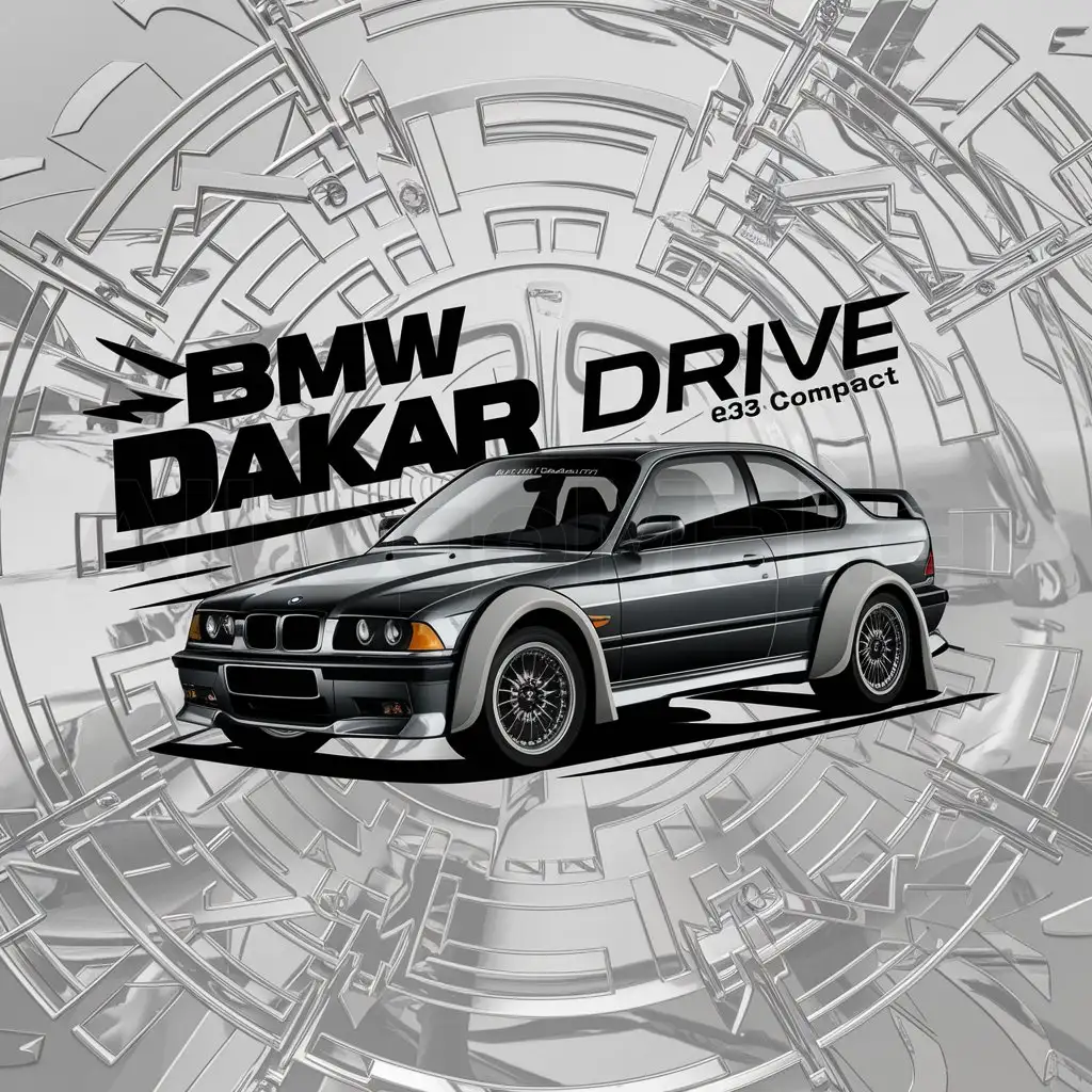 a logo design,with the text "BMW DAKAR DRIVE", main symbol:BMW E36 323ti compact mate black with rally dakar paint, including fenders and flares and rounded front fenders and modified suspension height,complex,clear background