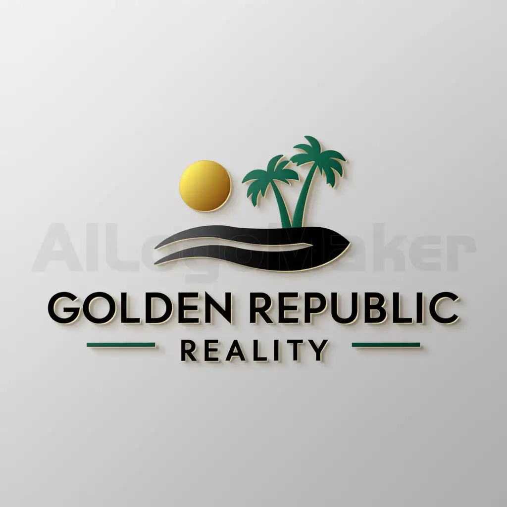 a logo design,with the text "Golden Republic Reality color gold, green, and black", main symbol:beach,Moderate,be used in Real Estate industry,clear background