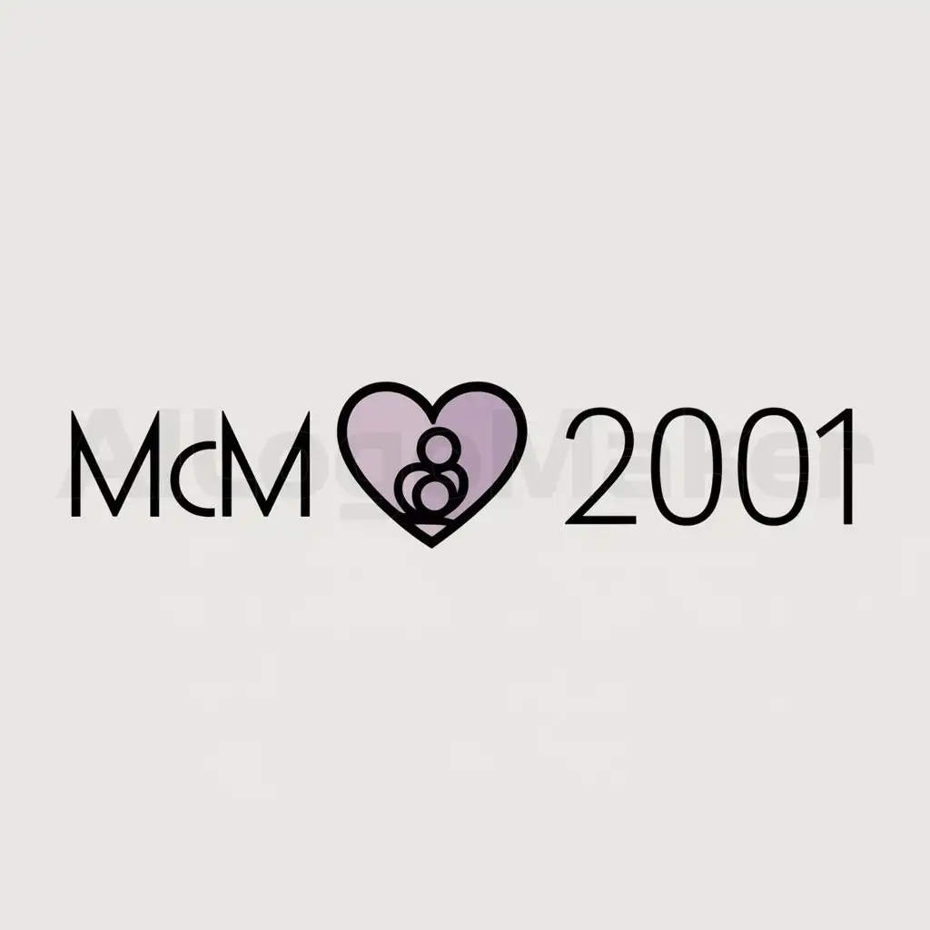 a logo design,with the text "MCM 2001", main symbol:CORAZON Y UNA MADRE CON COLORES LILAS Y NEGRO,Minimalistic,clear background