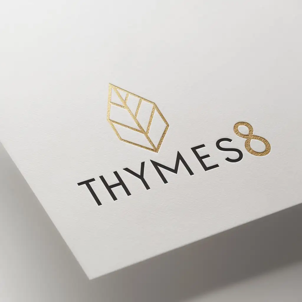 a logo design,with the text "THYMES8", main symbol:this logo modern clean minimalist wordmark. should include a word with a leaf or shape. preferred color is gold. must be a white paper mockup,Moderate,clear background