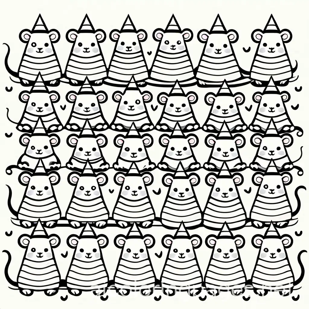 a number of 82 cute simple mice with different hats, Coloring Page, black and white, line art, white background, Simplicity, Ample White Space. The background of the coloring page is plain white to make it easy for young children to color within the lines. The outlines of all the subjects are easy to distinguish, making it simple for kids to color without too much difficulty