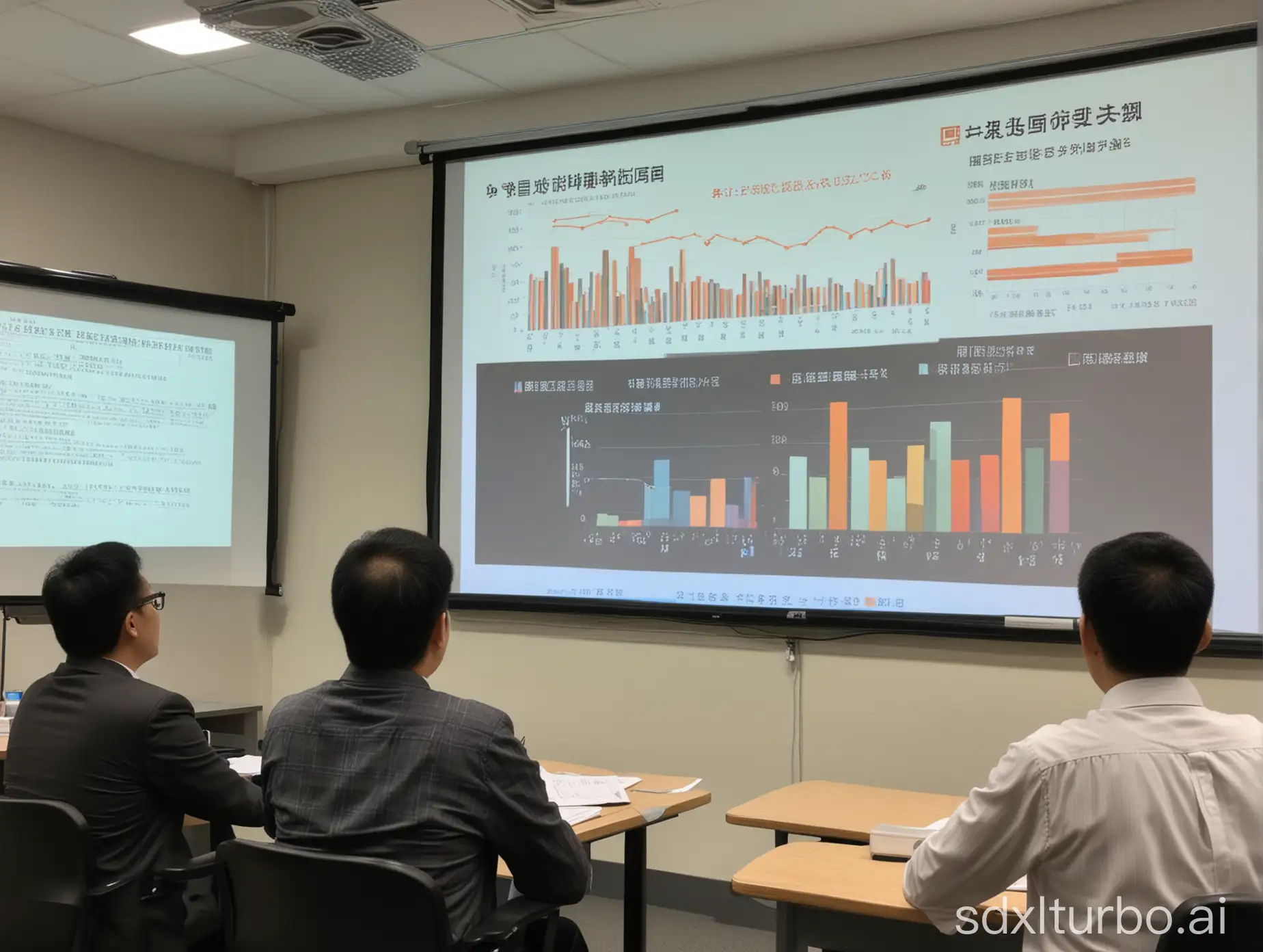 一个中国高级讲师在使用投影PPT进行数据方面的讲解 有柱状图折线图等，底下有一群企业管理人员在进行学习记录