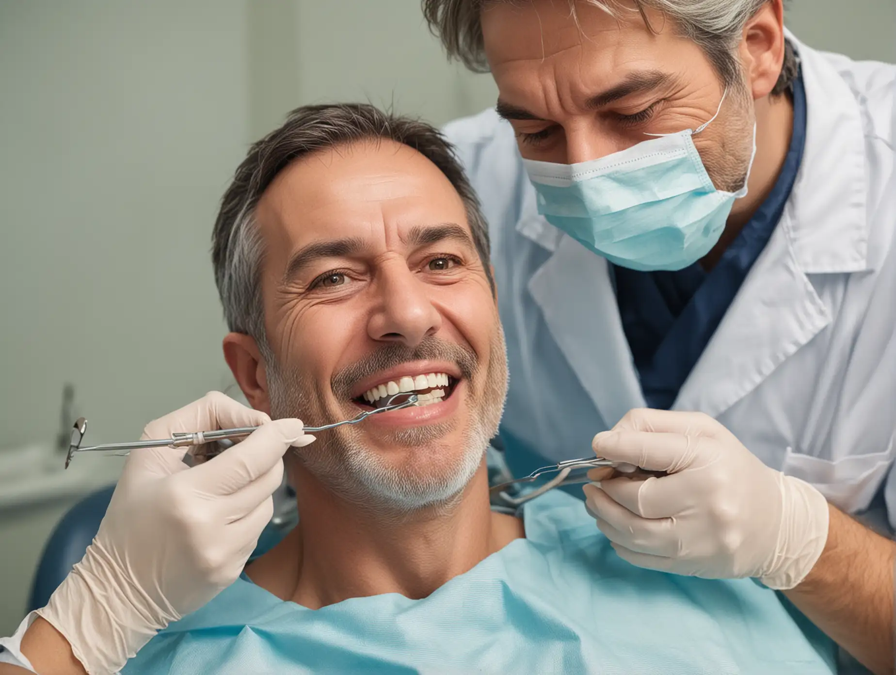 A 50 year old male dentist performing a tooth operation on a patient. The dentist is wearing a mask, the patient, a woman, is not wearing a mask, but she looks calm and happy.