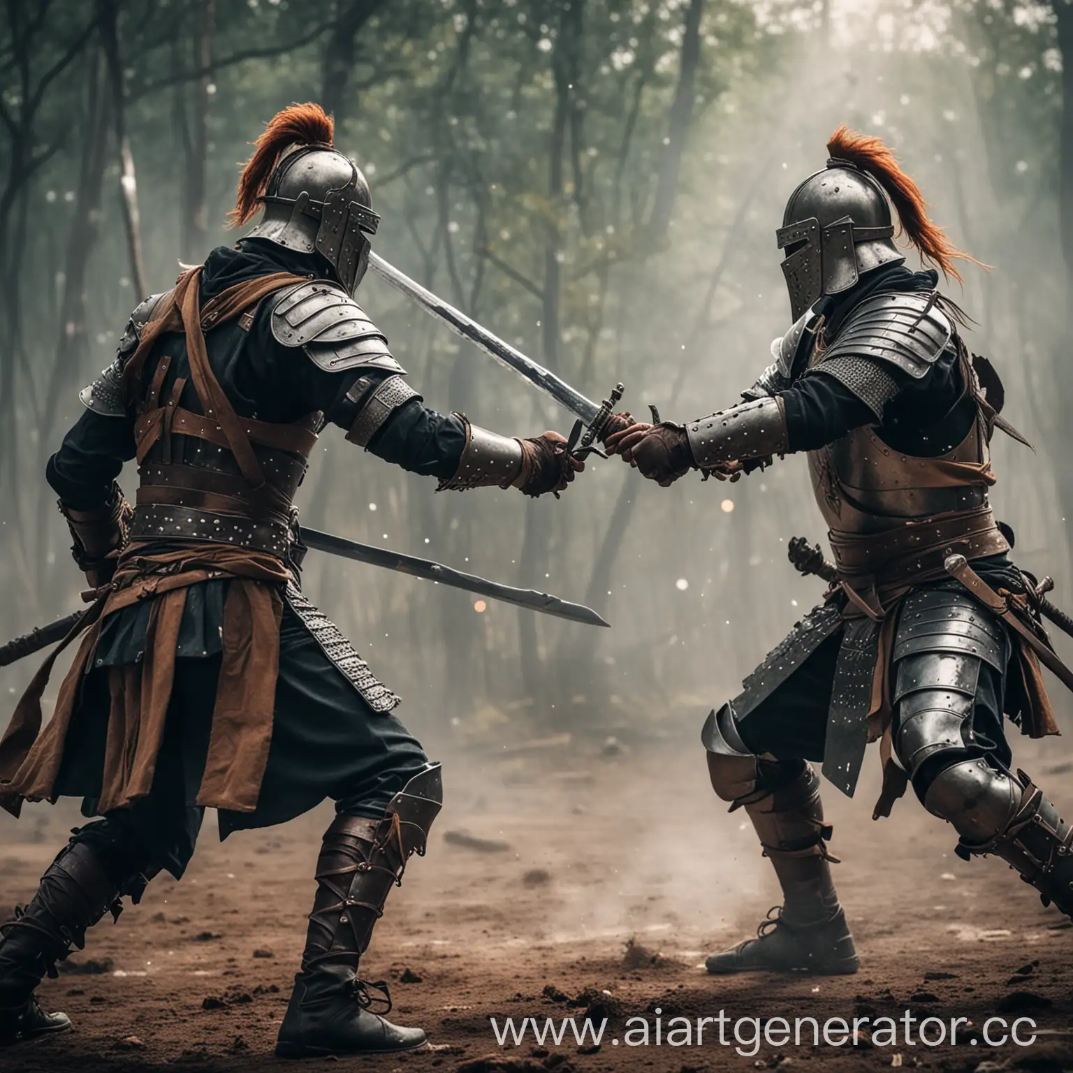 Two warriors in plate armor are fighting with swords