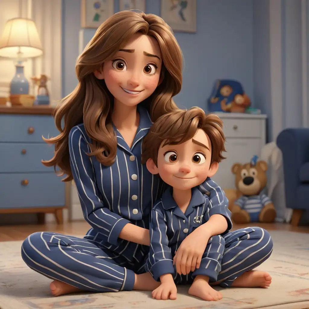 Disney pixar theme, 3d animation, beautiful mom, long brown hair and brown eyes, son brown hair and brown eyes, happily sitting on the floor wearing navy blue stripe pajamas