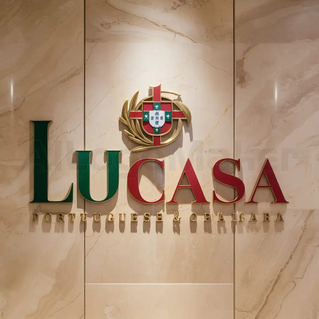 a logo design,with the text "LUCASA", main symbol:polished marble wall with the emblem of the portuguese national flag between the L and the U .Green Red and Gold.,Moderate,clear background