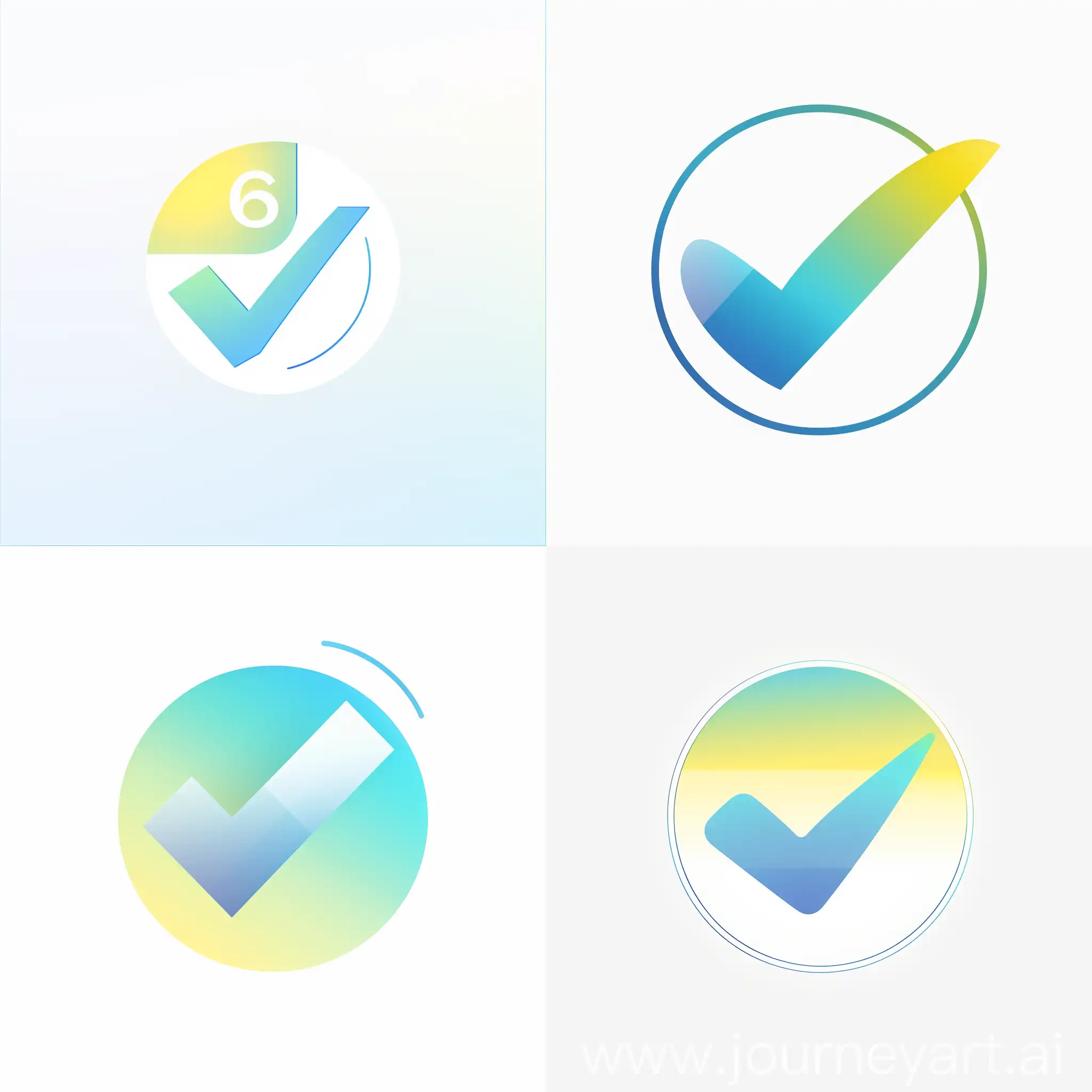 Design of geometric minimalistic logo of featuring a big check mark in blue green yellow gradient on a white background. Include circle as an additional design element. v6 --seed 126