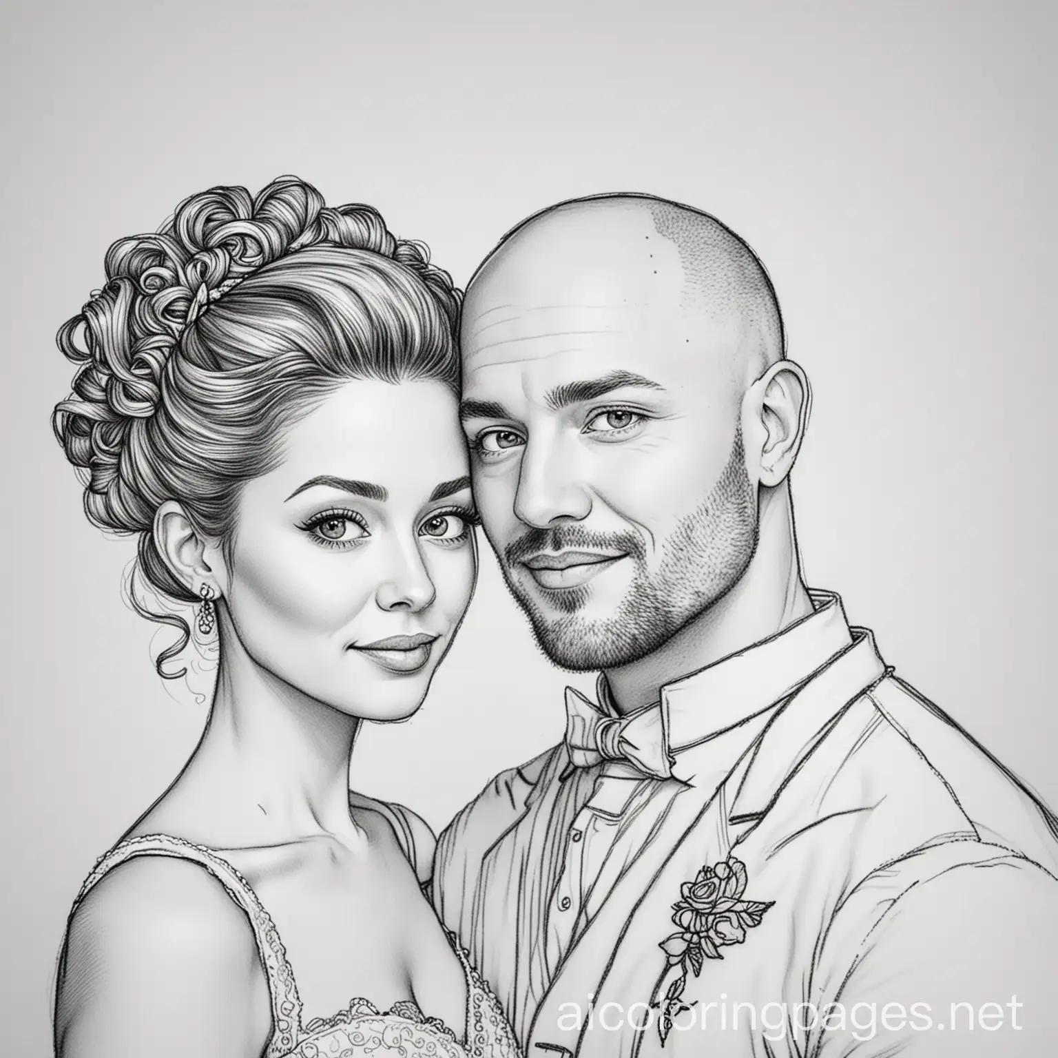  30 yr old Bride with curly hair up do and 30 Yr old Groom with bald head, Coloring Page, black and white, line art, white background, Simplicity, Ample White Space. The background of the coloring page is plain white to make it easy for young children to color within the lines. The outlines of all the subjects are easy to distinguish, making it simple for kids to color without too much difficulty