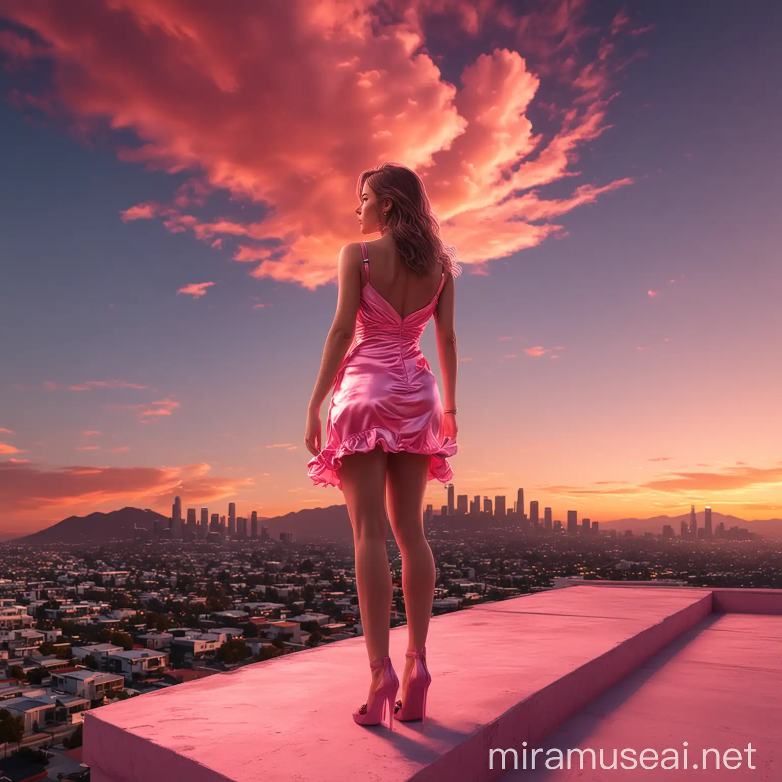 Woman in Pink Dress on Los Angeles Rooftop Sunset