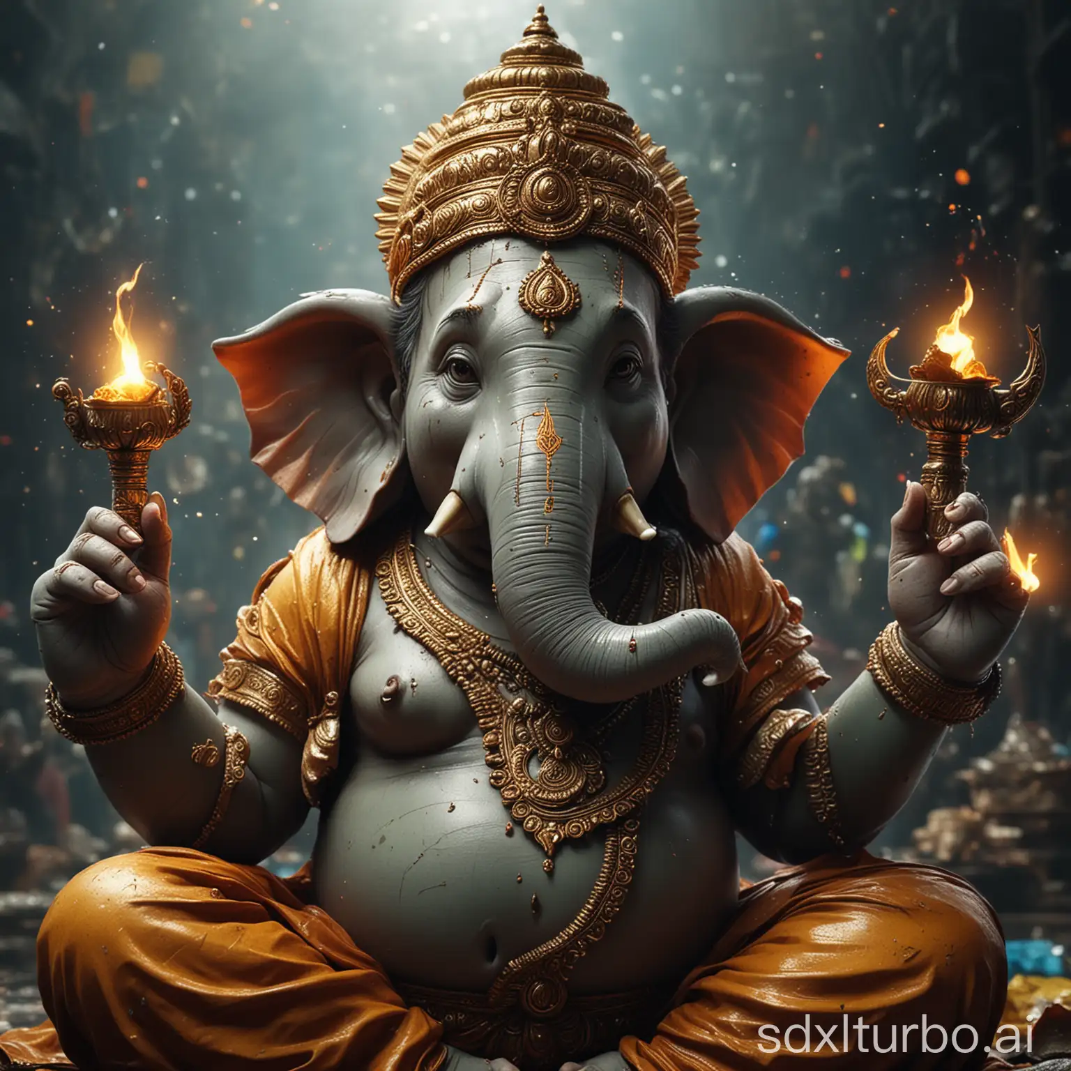 Create an ultra HD realistic image of lord Ganesh. The entire image should be glowing, focused, Cinematic reflections and used vibrant color