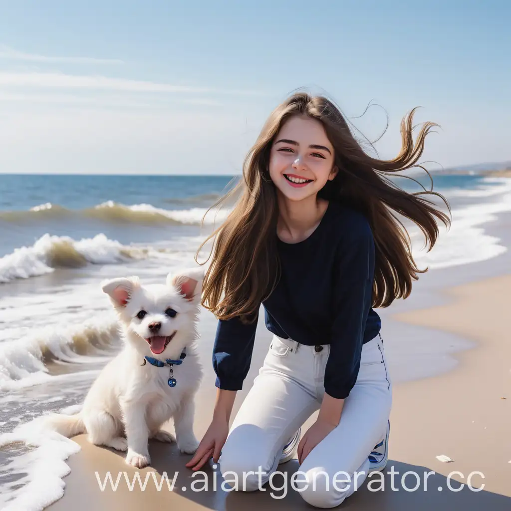 Girl-with-Long-Brown-Hair-Smiling-by-the-Seashore-with-a-White-Puppy