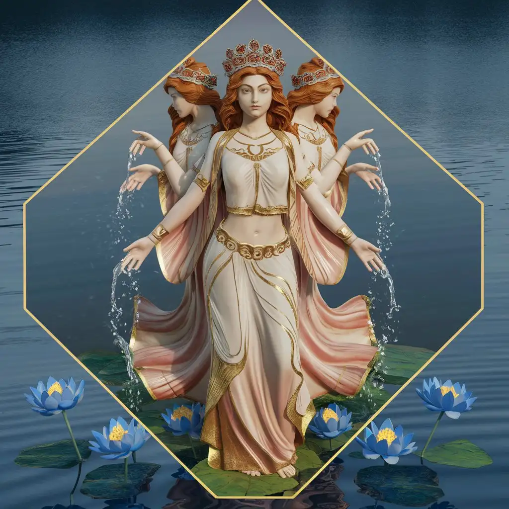 Draw an Iranian female deity named Nahid, who is the Iranian counterpart of Aphrodite and is the goddess of love and trust, standing in a three-sided angle and moving some water between her hands. It is also the symbol of this goddess of water and the flower she is known by is the blue lotus