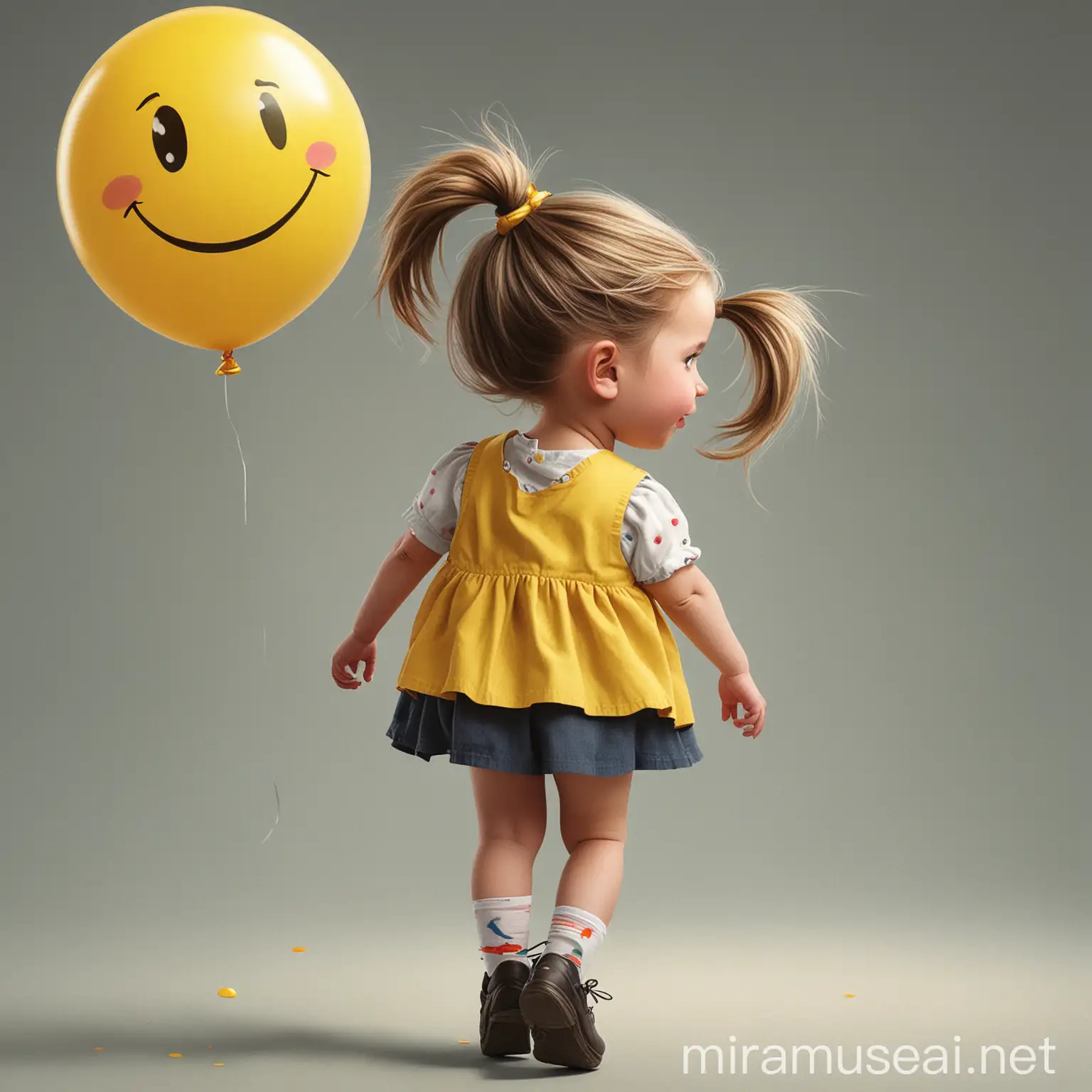 an illustrated little girl in pig tails pictured from behind. Her face is not visible. She is dragging a balloon of a bright yellow smiley face. Balloon is behind her.