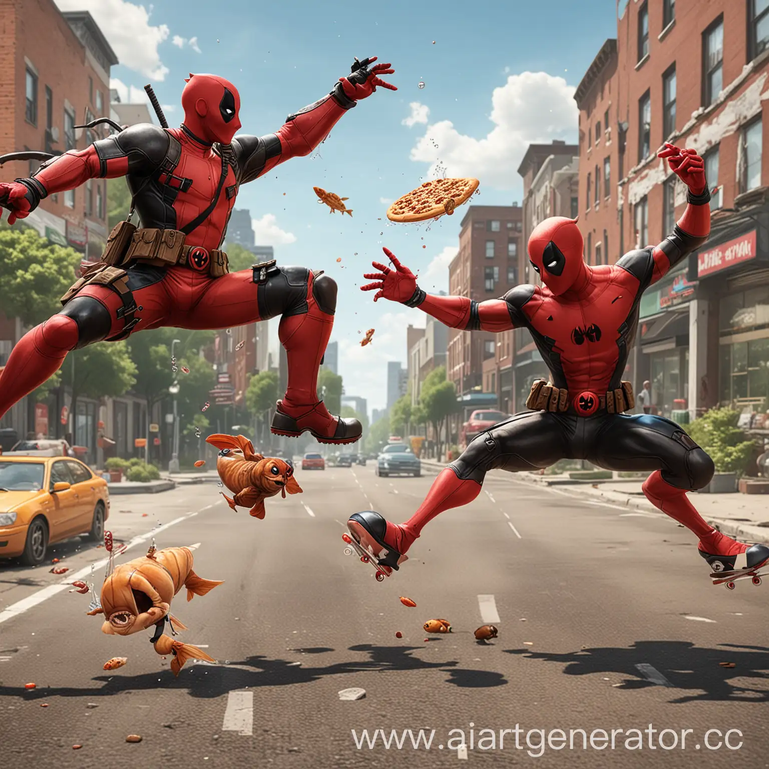 Cartoon-Deadpool-and-SpiderMan-Roller-Skating-While-Fighting-with-Fish-and-Flying-Pizzas