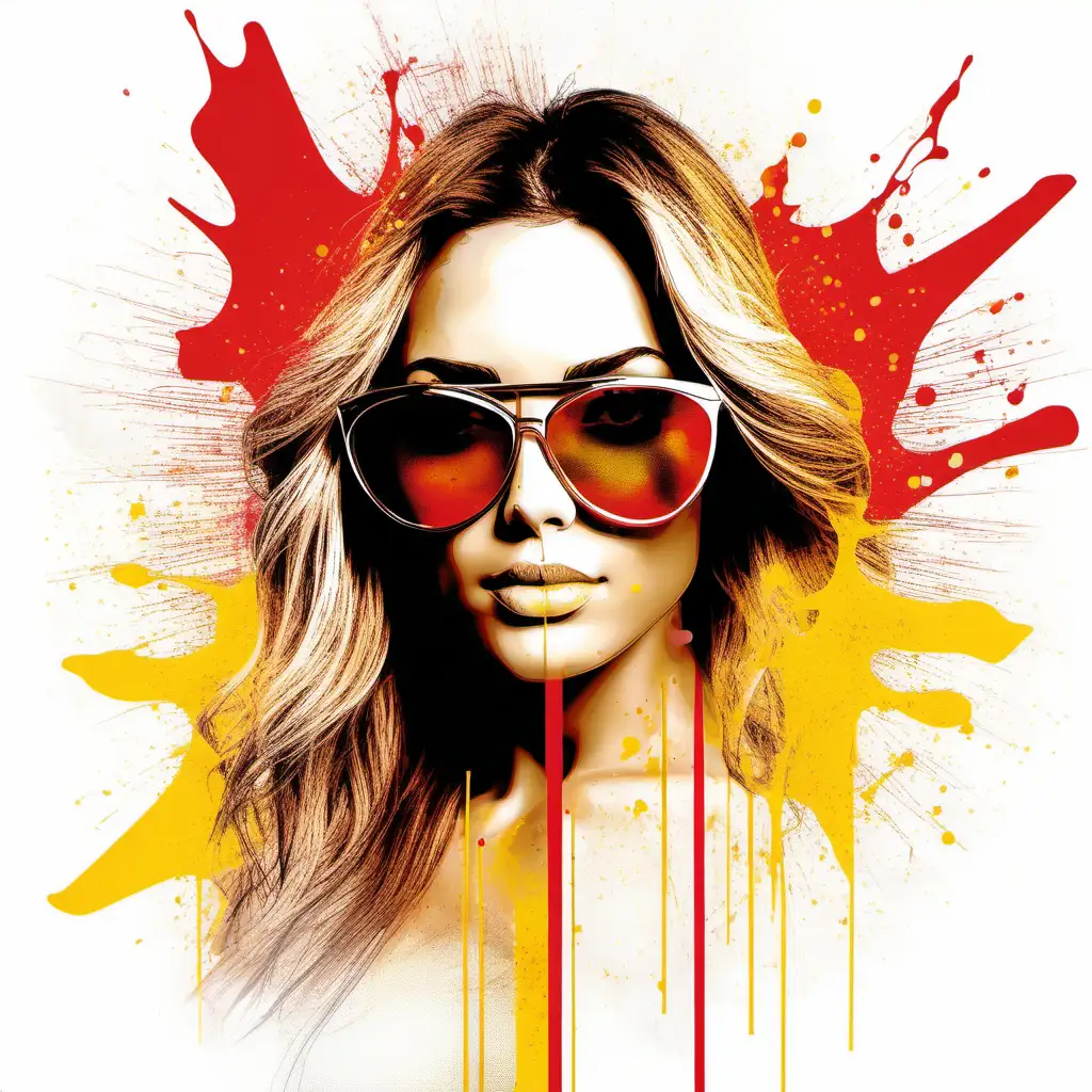 generate realistic profesional design featuring a image of a beautifull woman wearing sungalsses splitted in glass pieces . add red and yellow ink splash and lines over the design  and texture. use white  blank background.