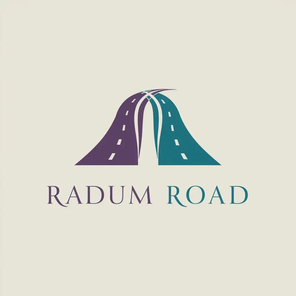 a logo design,with the text "RADUM ROAD", main symbol:Two Highways in purple and cyan colours. Highways are connecting to each other in the distance and it looks like that they are making letter . One colour background,Minimalistic,clear background