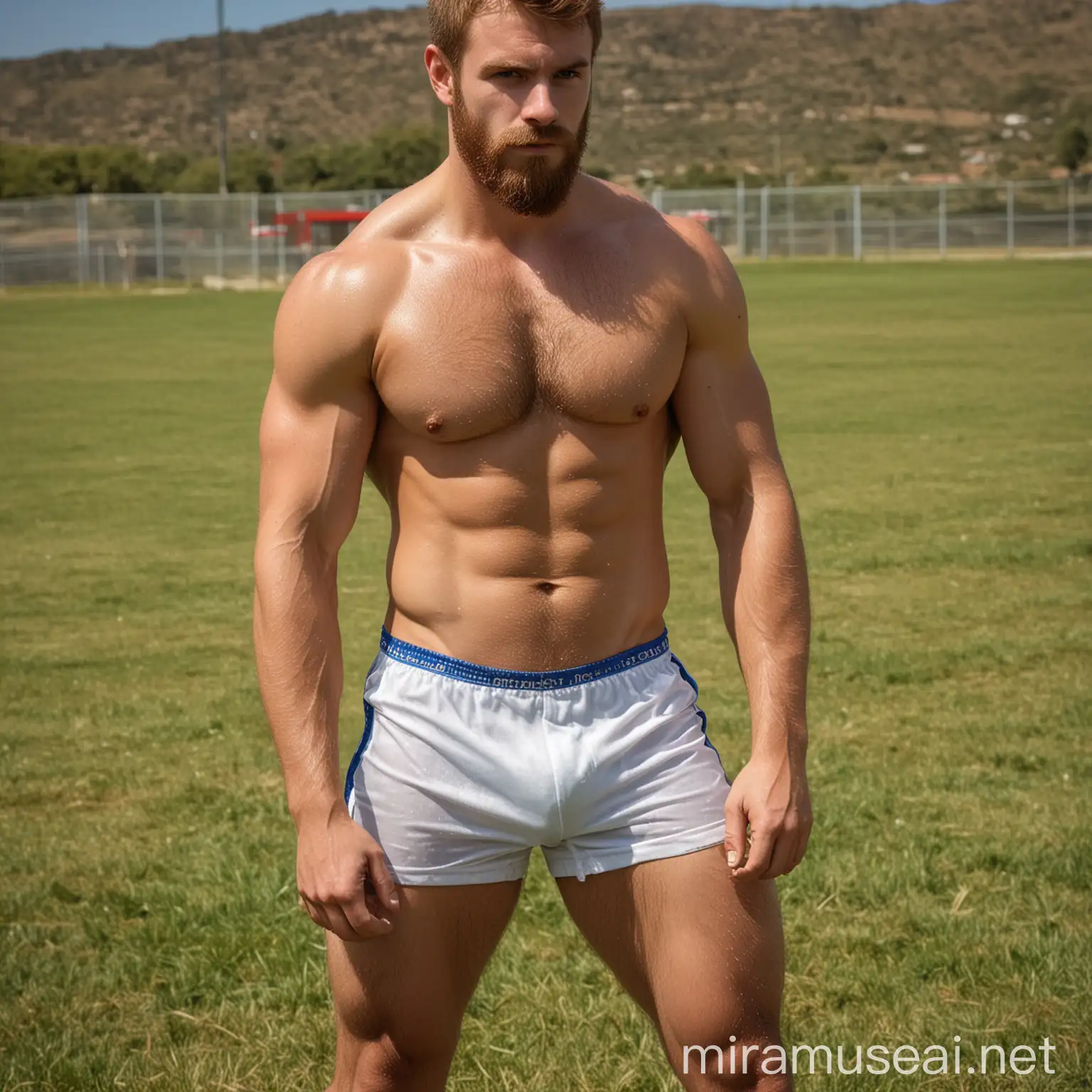 Frontal&side&back views, full body shot, beefy Finish javeline thrower, chestnut hair, short beard, 193 cm tall, 24 year old, muscle man, extremely hairy torso, extremely hairy forearms, extremely hairy abdomen, extremely hairy legs,  low rise white&blue lycra shorts with protective hard cup inside, track field, rainy