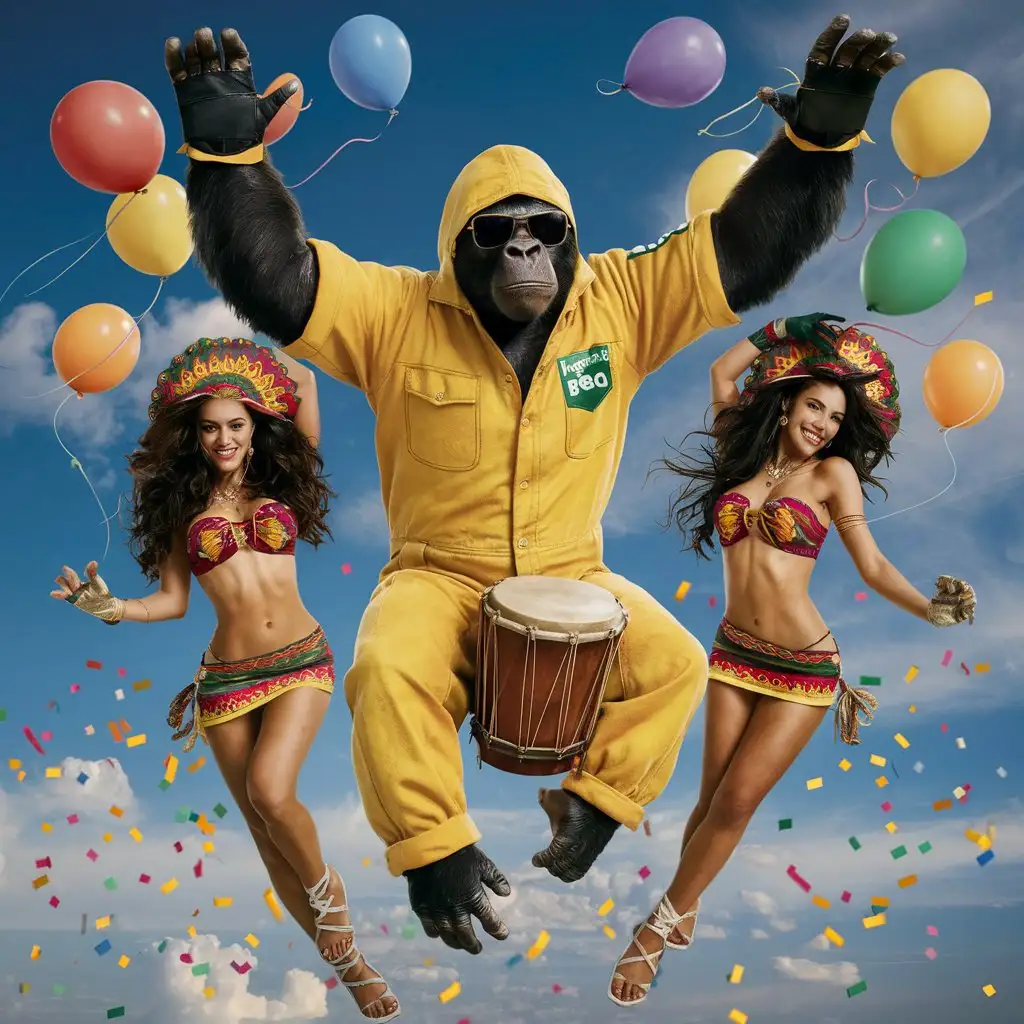 Gorilla dressed in a yellow jumpsuit like the one from the series Breaking Bad. He wears dark sunglasses with black frames. The hood covers his head and he wears light blue latex gloves.  He is flying suspended in the air with a blue sky and clouds. At his side he is escorted by two sexy black women dressed in Brazilian Carioca clothes. Gorilla is with a bongo. Party, balloons, coloured paper in the air. Photographic realistic