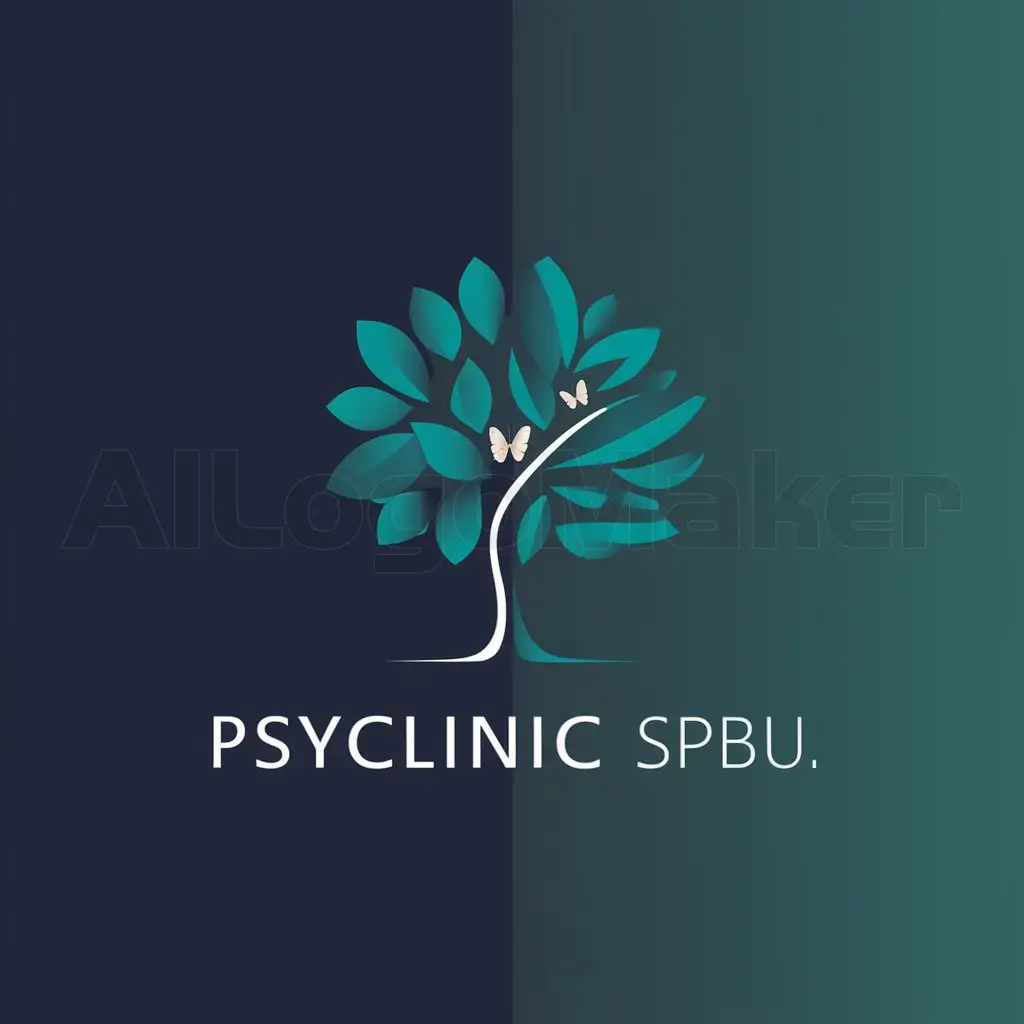 a logo design,with the text 'PSYCLINIC SPBU', main symbol:tree, where the left part is one color, and the right side is another, in the middle the tree's leaves weave into a small butterfly,Minimalistic,be used in Psychology industry,clear background