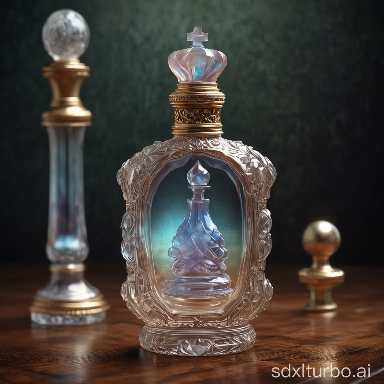 a queen chess piece carved from iridescent moonstone, inside a beautiful antique perfume bottle, on dark vintage mysterious background. optical illusion visual composite. 4d cgi rendered. Carrie Grabe, David Renshaw, Maxxi. dreamcore dreampunk, photorealistic textures