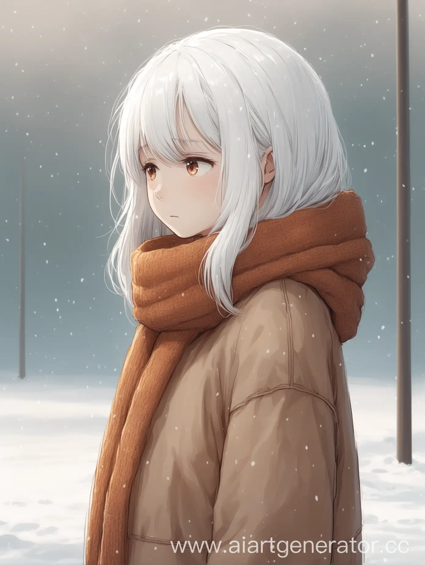 A girl with white hair and warm clothes stands very shyly with 