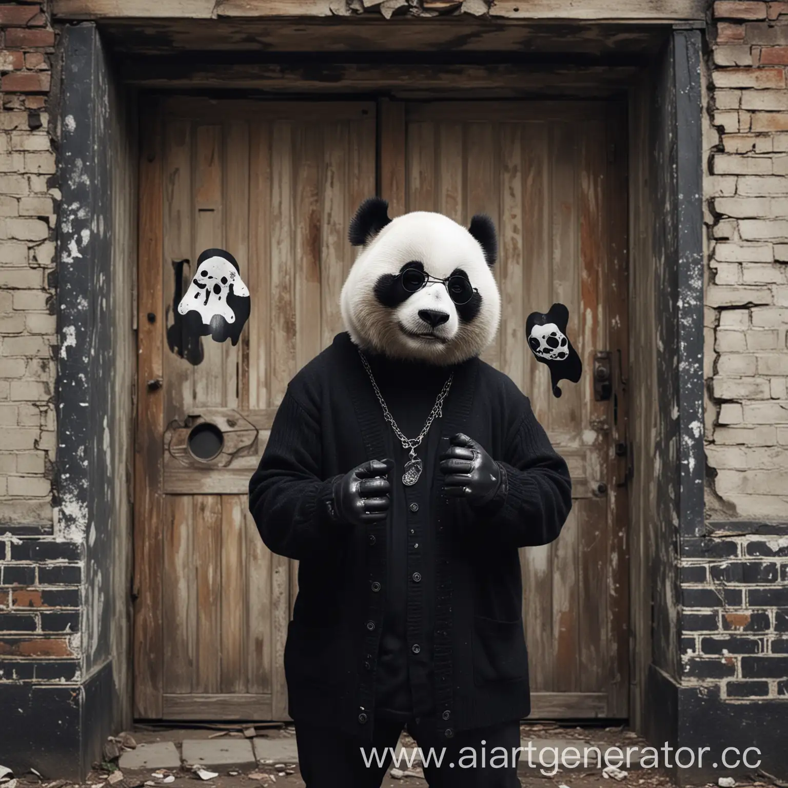 Панда в солнцезащитных очках и в чёрном кардигане, в старом здании держит в одной руке побитого  призрака, а во второй серебряный кастет с узором