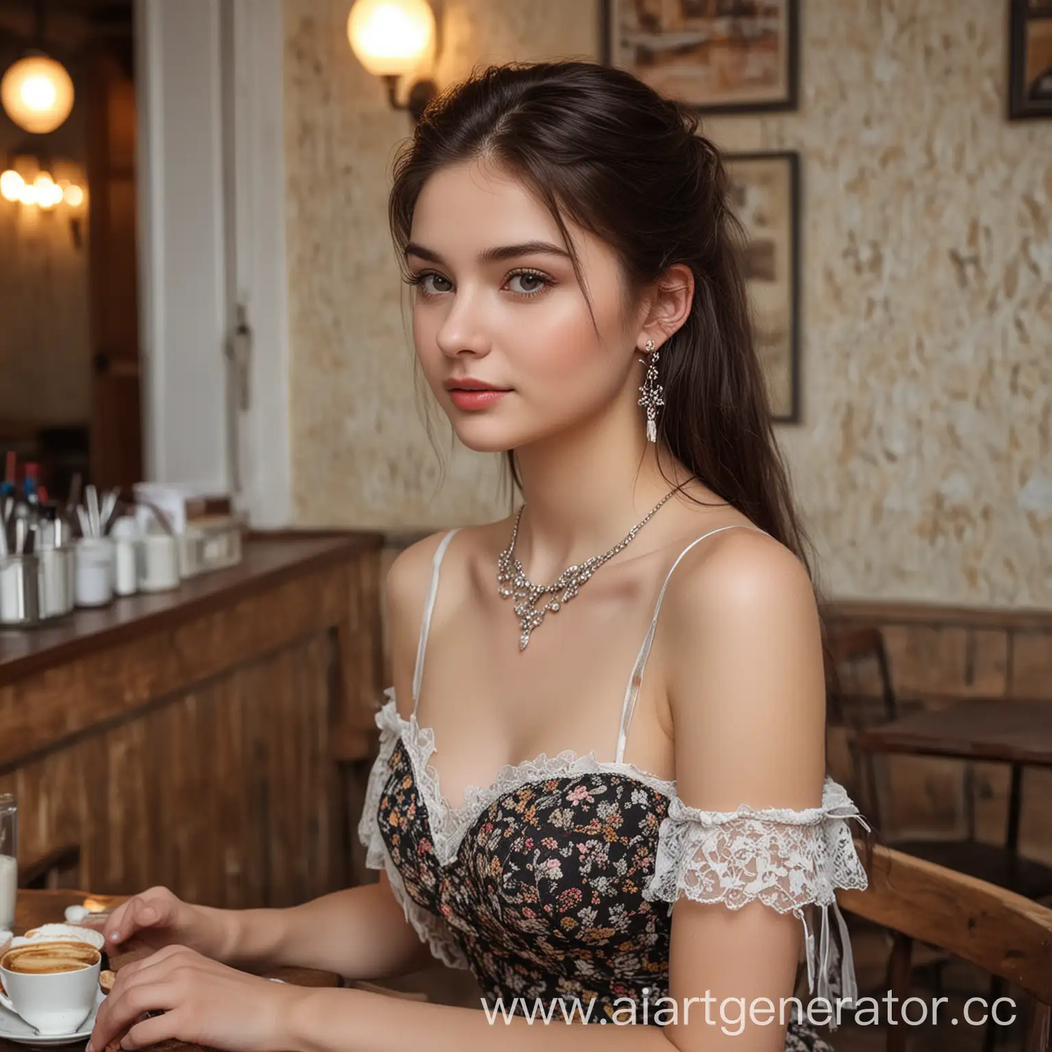 девушка 18 лет, русская, красивая, темные волосы, светлая кожа,  сережки, реалистично, в кафе, грудь второго размера, плате, модельная внешность