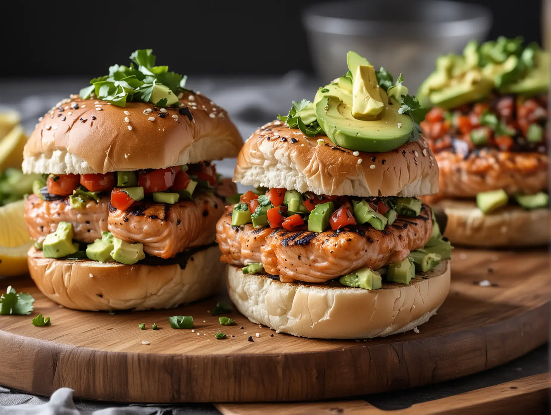 /imagine prompt: https://www.cookincanuck.com/wp-content/uploads/2022/05/Grilled-Salmon-Burgers-Avocado-Blog-10.jpg STYLE: Close-up Shot Top view | EMOTION: Tempting I SCENE: Grilled Salmon Burgers with Avocado Salsa | TAGS: High-end food photography, 
clean composition, dramatic lighting, luxurious, elegant, mouth-watering, indulgent, gourmet | CAMERA: Nikon Z7 | FOCAL LENGTH: 70mm | 
SHOT TYPE: Close-up | COMPOSITION: Top view Centered | LIGHTING: Soft directional light | PRODUCTION: Food Stylist | 
TIME: Daytime I LOCATION TYPE: Kitchen near windows --ar 3:2