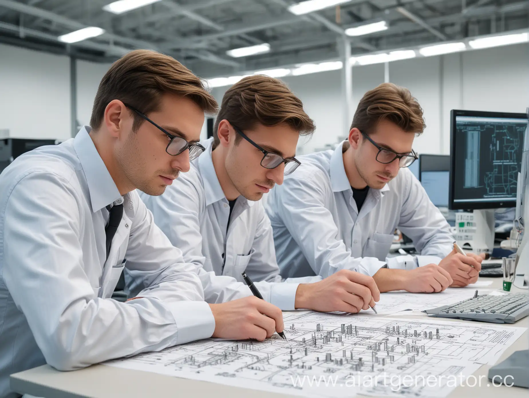 Три инженера сидят за столом, изучают сложную деталь, стол с деталью крупным планом, на заднем плане компьютеры
