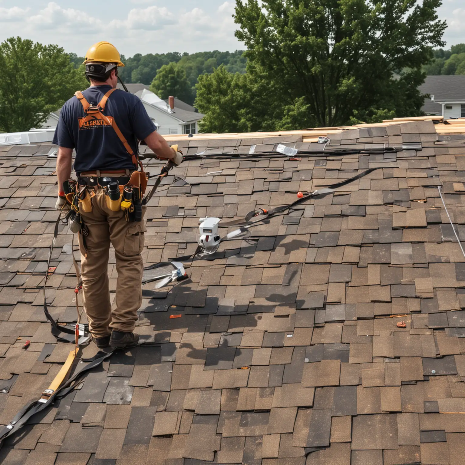 Roofers installing a roof with safety equipment in Lexington KY
