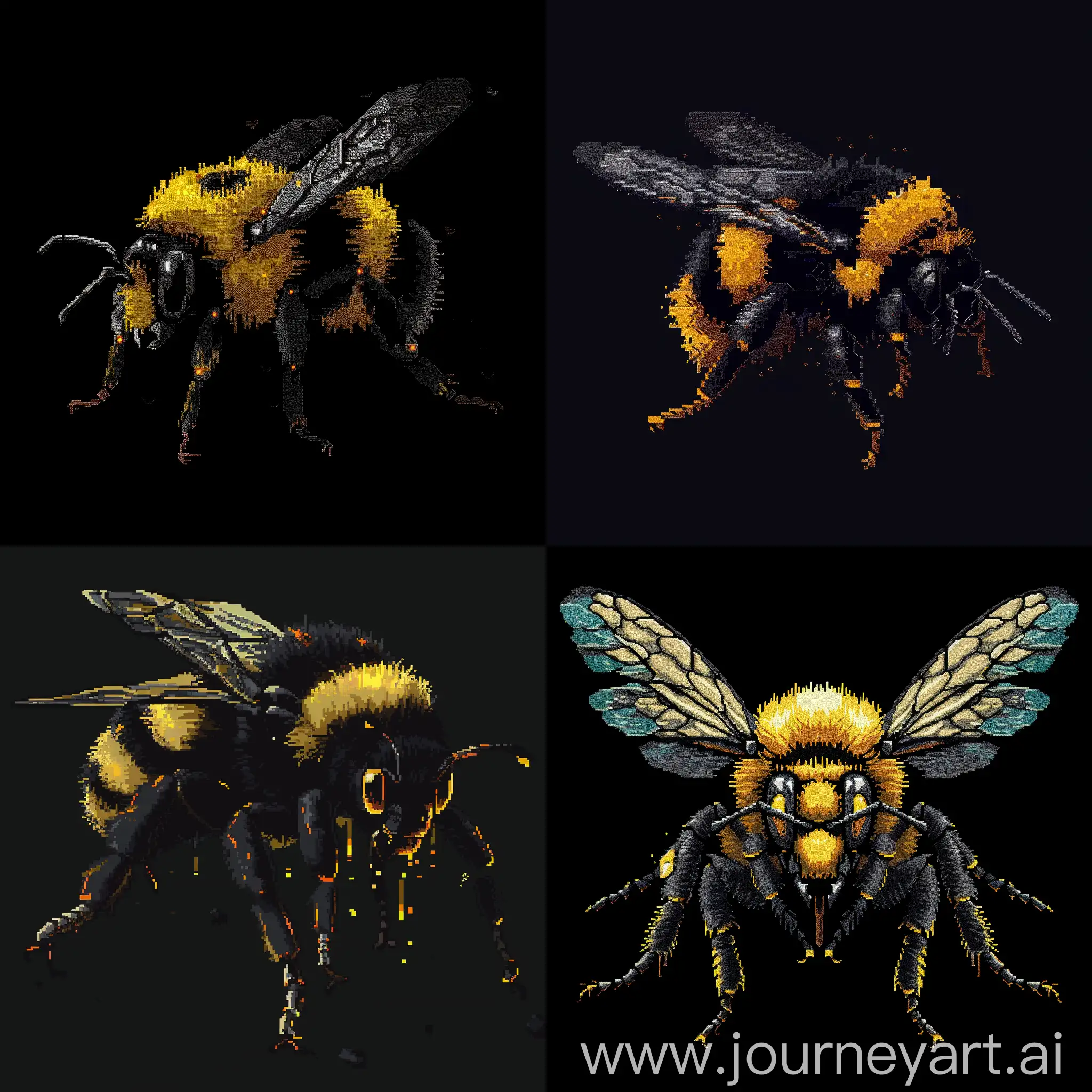  bumblebee pixel art, background all black, horror style