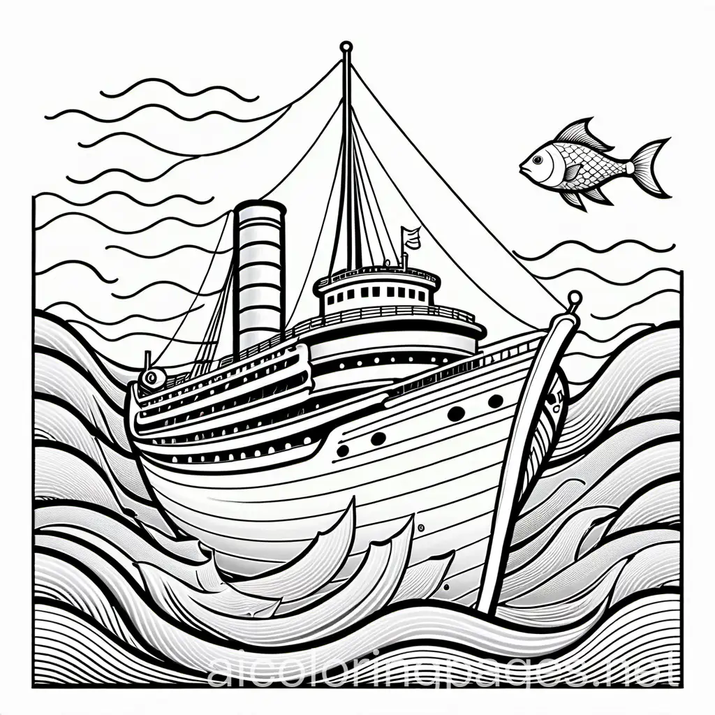 a big ship is sailing on the sea and there is a fish with a long fin, Coloring Page, black and white, line art, white background, Simplicity, Ample White Space. The background of the coloring page is plain white to make it easy for young children to color within the lines. The outlines of all the subjects are easy to distinguish, making it simple for kids to color without too much difficulty
