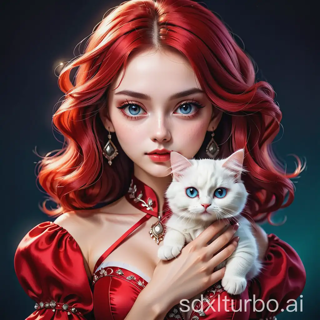 a beautiful girl with a beautiful face, in a red silk dress.He holds a fluffy white cat with big eyes in his hands. stylization,composition,hyperdetalization,many details,stem-punk style.