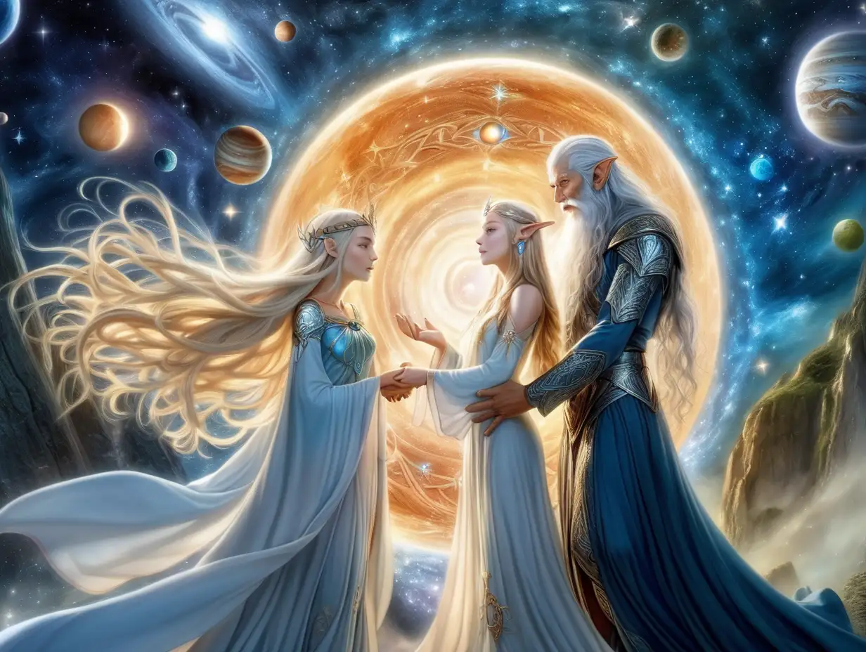 2 characters: after sex, expansion into the universe, bliss
1- Merlin  the human celt magician long white beard ,
2-Galadriel (elf woman  from Lord of the ring) 36-24-36/ 5'8" tall)) together / 
Merlin and Galadriel in ecstasy from crown chakra up  into the universe(stars, planets...) n this magical woods/ 
---Glow of consciousness coming out of them Universal ecstasy/ planets stars
---Super HD quality/ mature fairytale style. Hi pixels