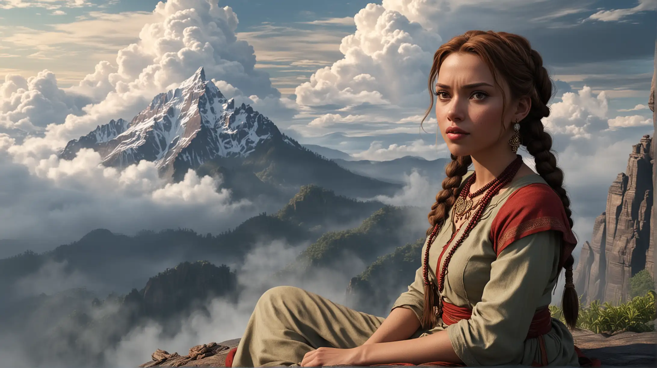 cartoon, Scarlett Johansson as indian woman sit on top of a mountain, close-up, clouds, fog, pigtails