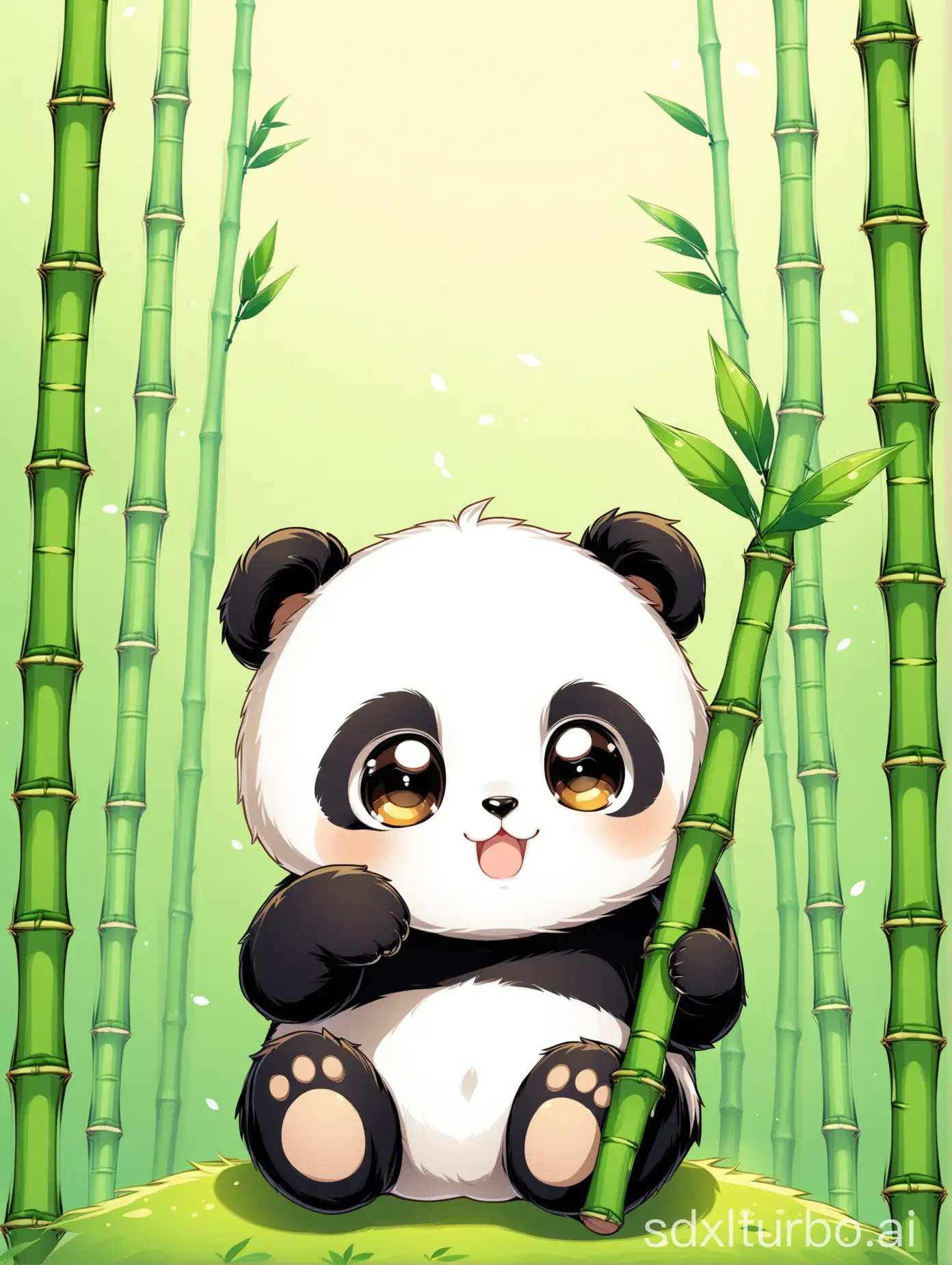 Cute big eyes sitting panda holding bamboo
