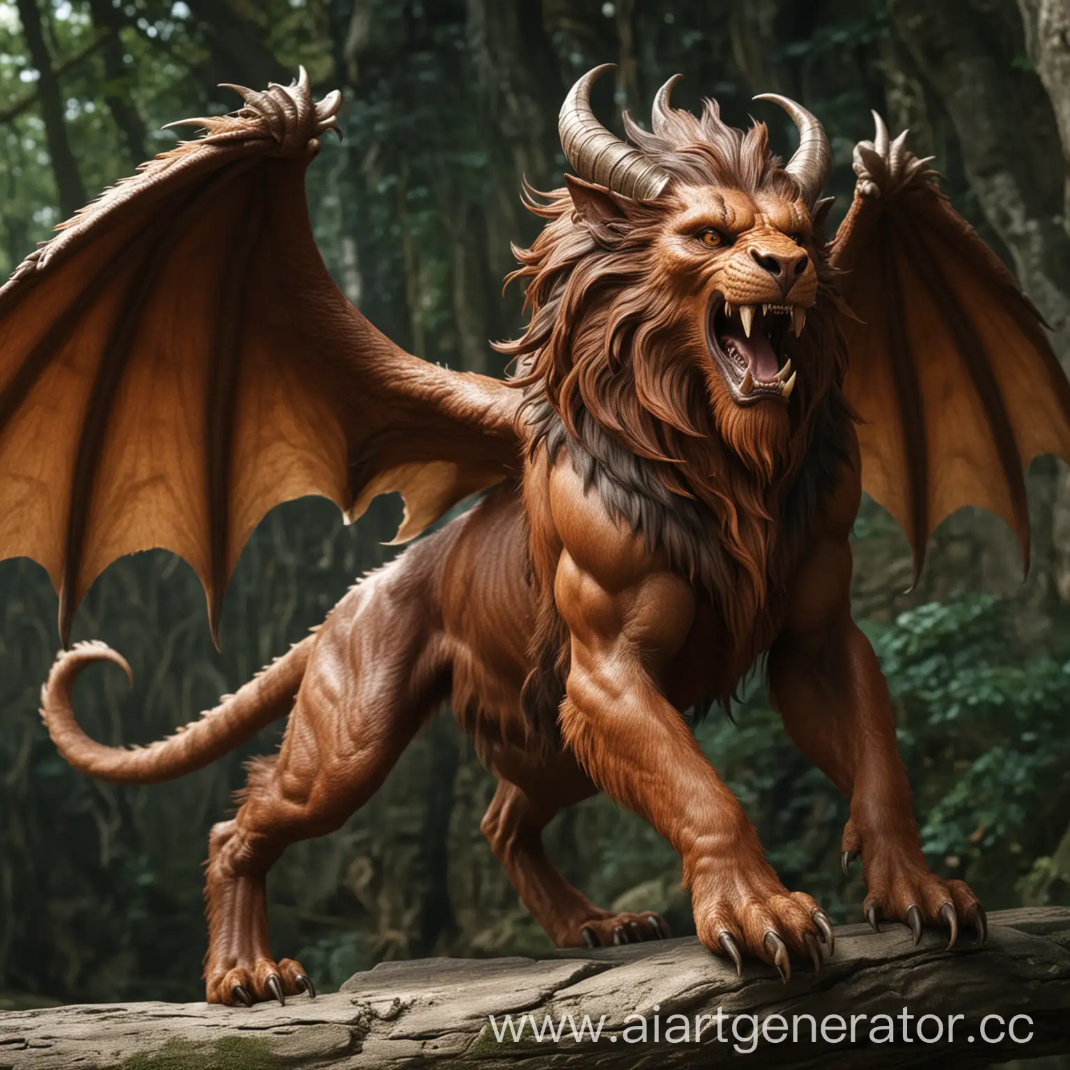 Существо внешне похож на Мантикора, но с крыльями, лапами и рогами дракона