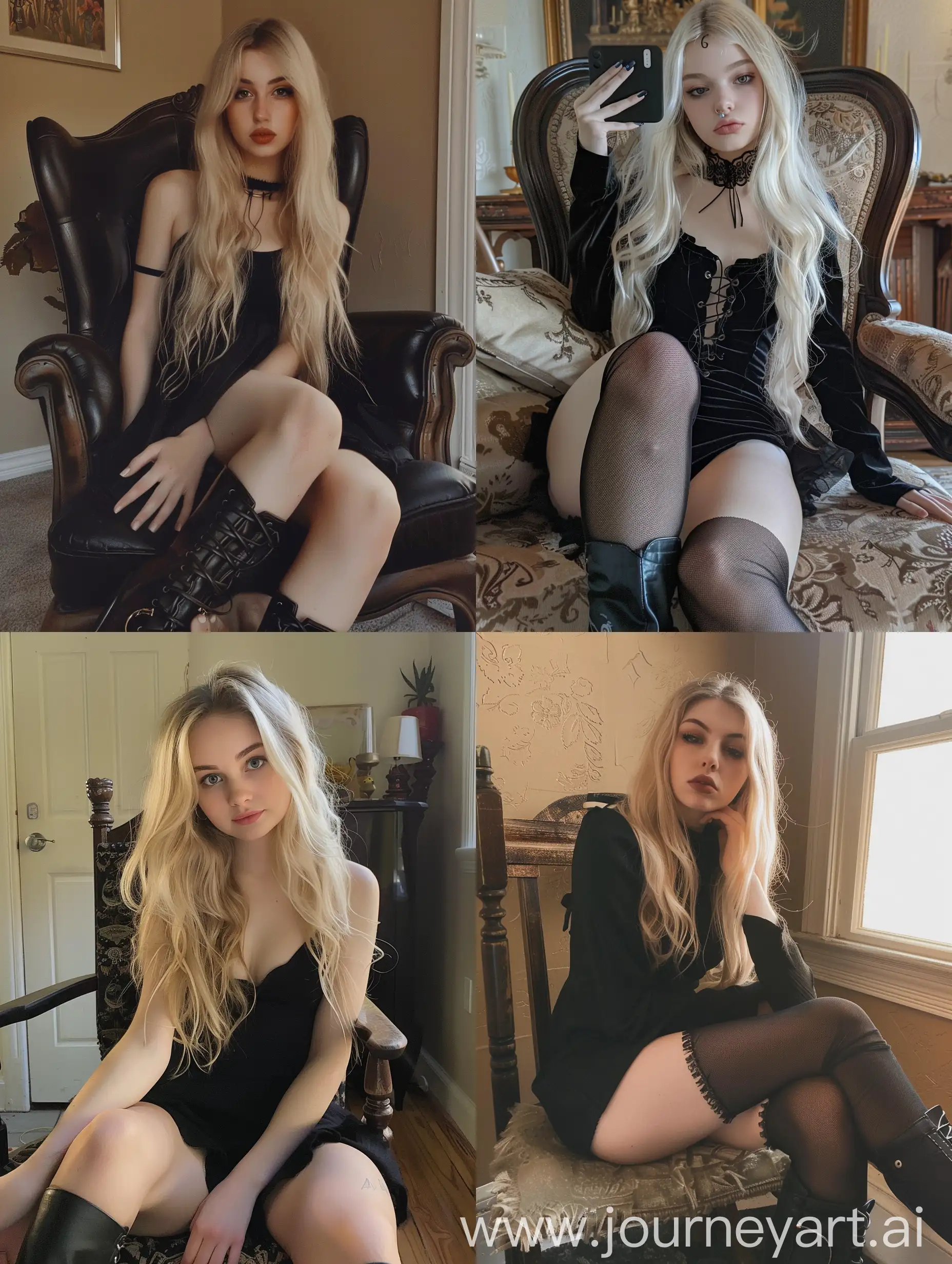 1 young girl, 22 years old, blonde long hair, selfie, iphone selfie, black dress, makeup,, sitting on chair, fat legs, black boots