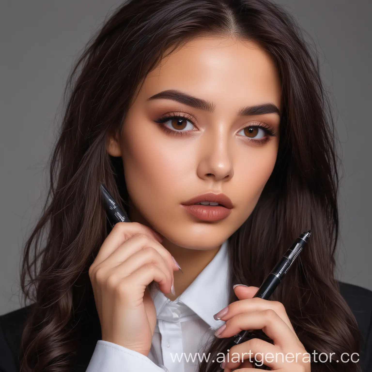 Young-Businesswoman-with-Dark-Hair-Holding-a-Pen